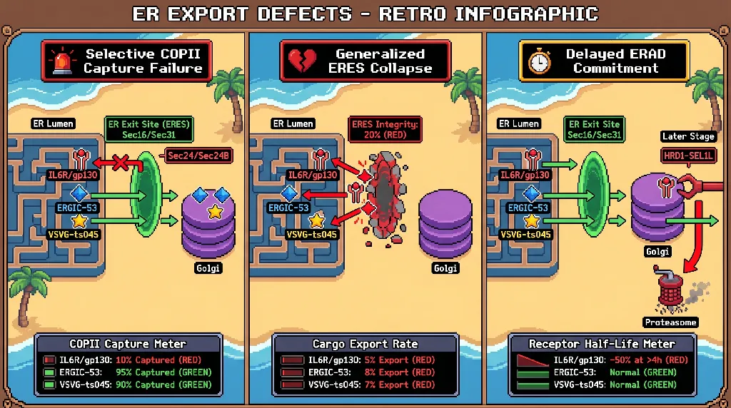 Infographic for: Hypothesis: ERGIC-53 plus VSVG-ts045 is the cleanest comparator pair for separating selective IL6R/gp130 COPII-capture failure from generalized ERES collapse