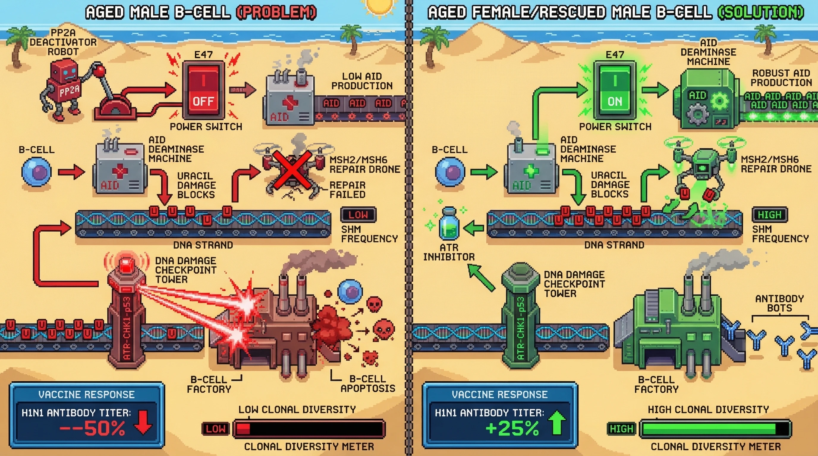 Infographic for: Sex‑Specific Mismatch Repair Deficiency Drives Clonal Apoptosis in Aged Male B Cells via Uracil‑Induced DNA Damage Signaling, Amplifying Repertoire Contraction Beyond AID Suppression
