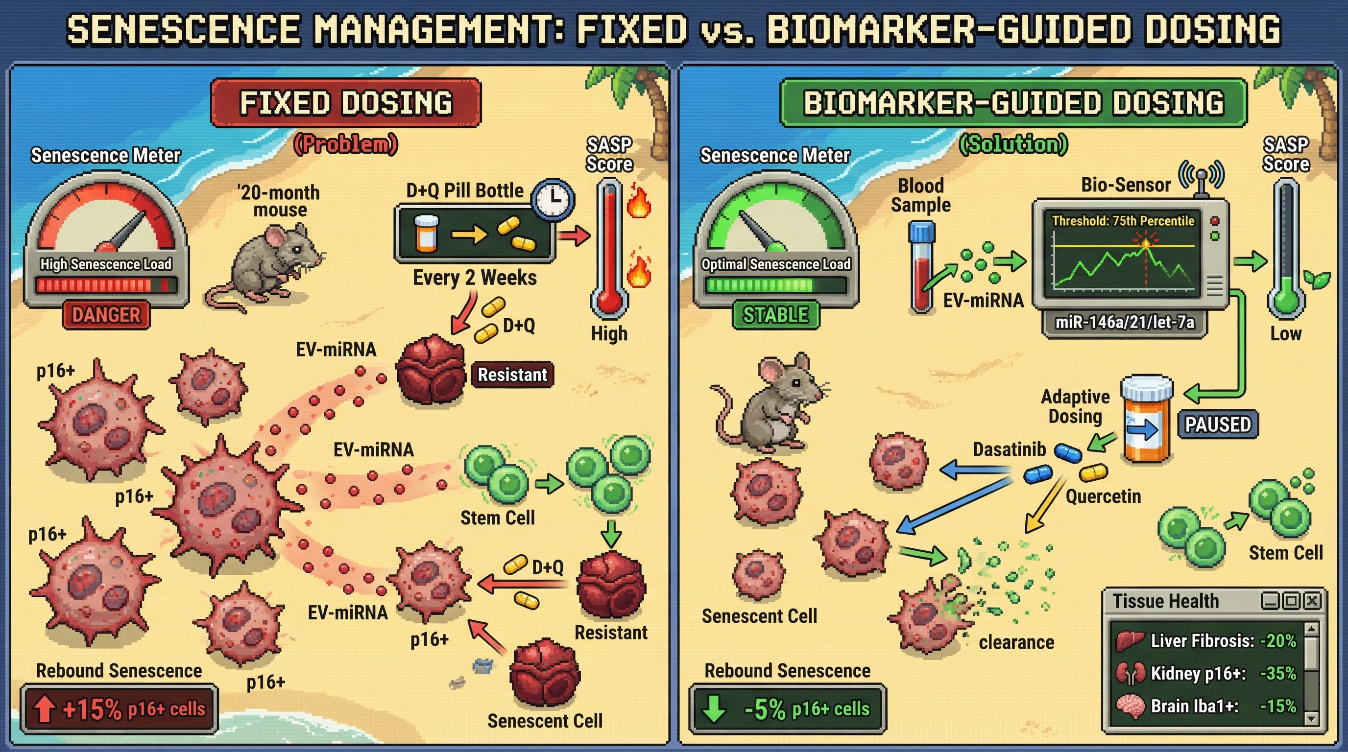 Infographic for: Adaptive senolytic dosing guided by circulating senescence-associated extracellular vesicle microRNAs outperforms fixed-interval D+Q regimens