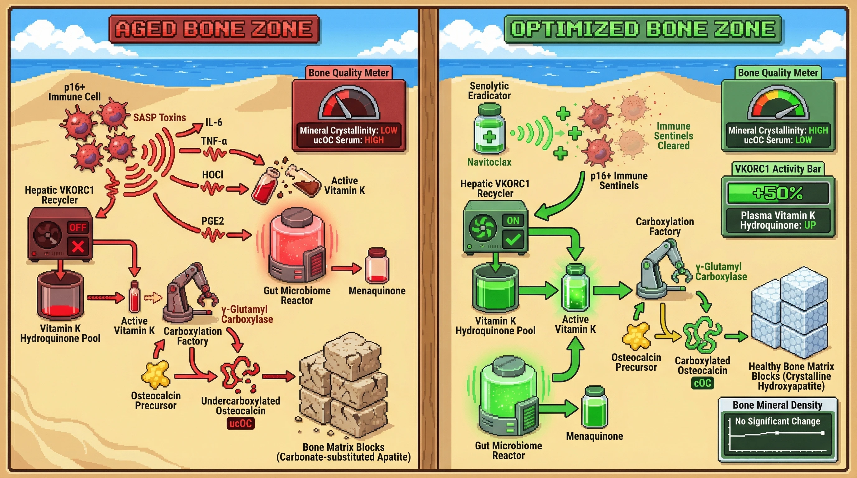 Infographic for: Senescent immune cells drive bone matrix malaise by sabotaging vitamin K–dependent osteocalcin carboxylation