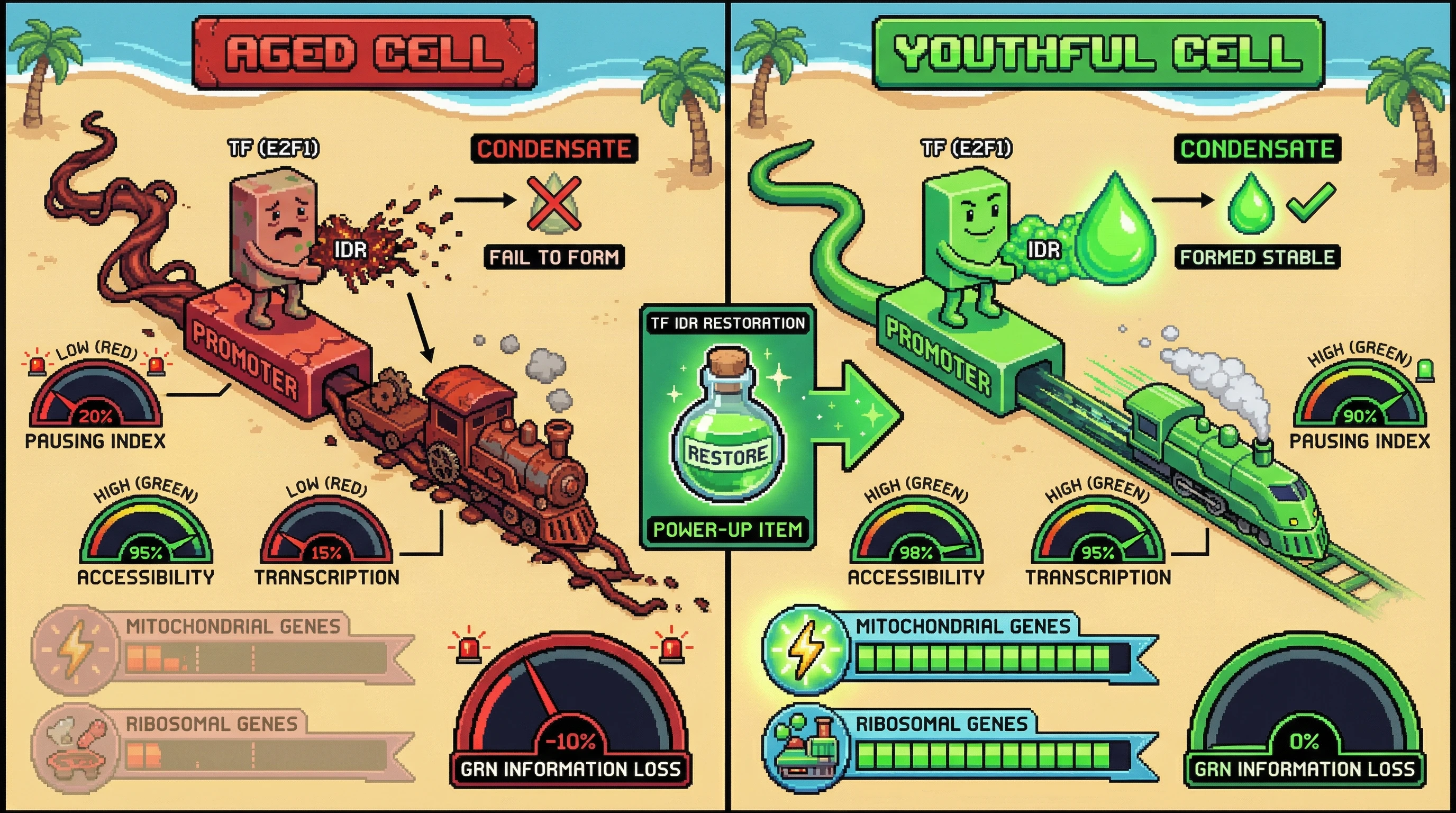 Infographic for: TF Intrinsic Disorder‑Mediated Phase Separation Governs Promoter‑Proximal Pausing Stability and Explains the Accessibility‑Transcription Uncoupling in Aging