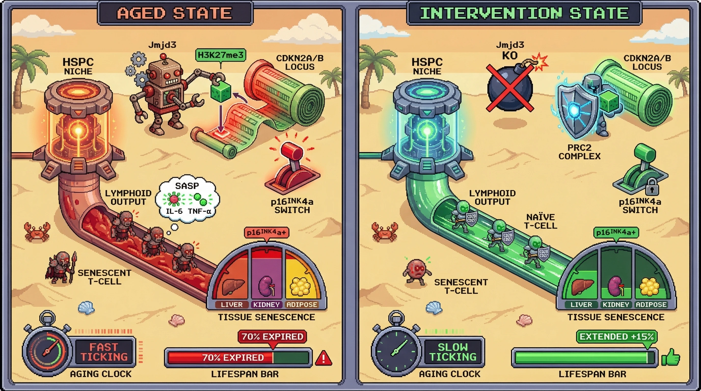 Infographic for: Epigenetic silencing of CDKN2A/B in hematopoietic stem cells preserves immune surveillance and delays systemic aging