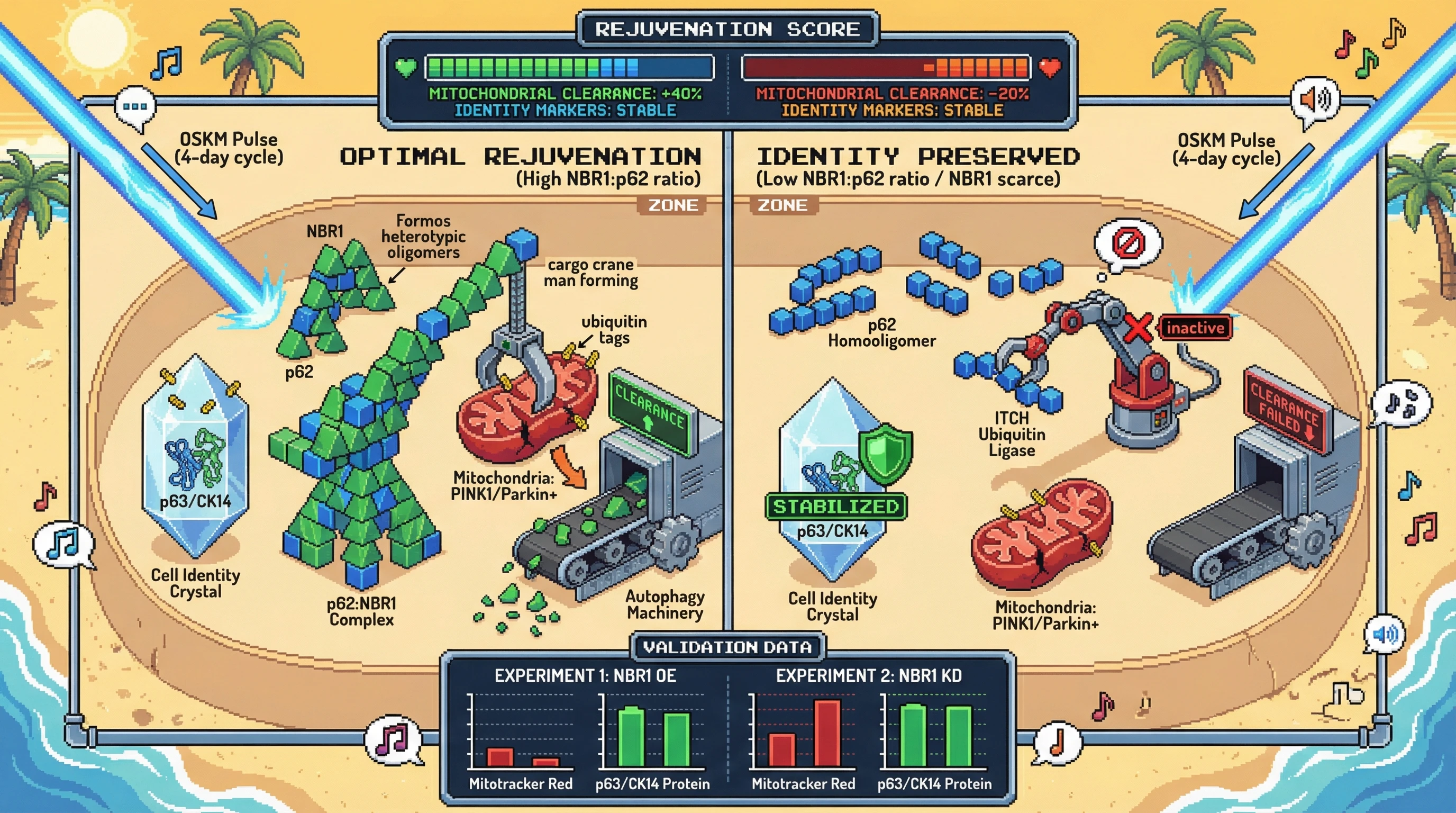 Mechanism: The NBR1:p62 ratio acts as a rheostat, directing autophagy machinery to either clear damaged mitochondria or stabilize cell identity proteins by sequestering ITCH. Readout: Readout: High NBR1 increases mitochondrial clearance while maintaining stable p63/CK14 levels, whereas low NBR1 impairs mitochondrial clearance with stable or increased p63/CK14.