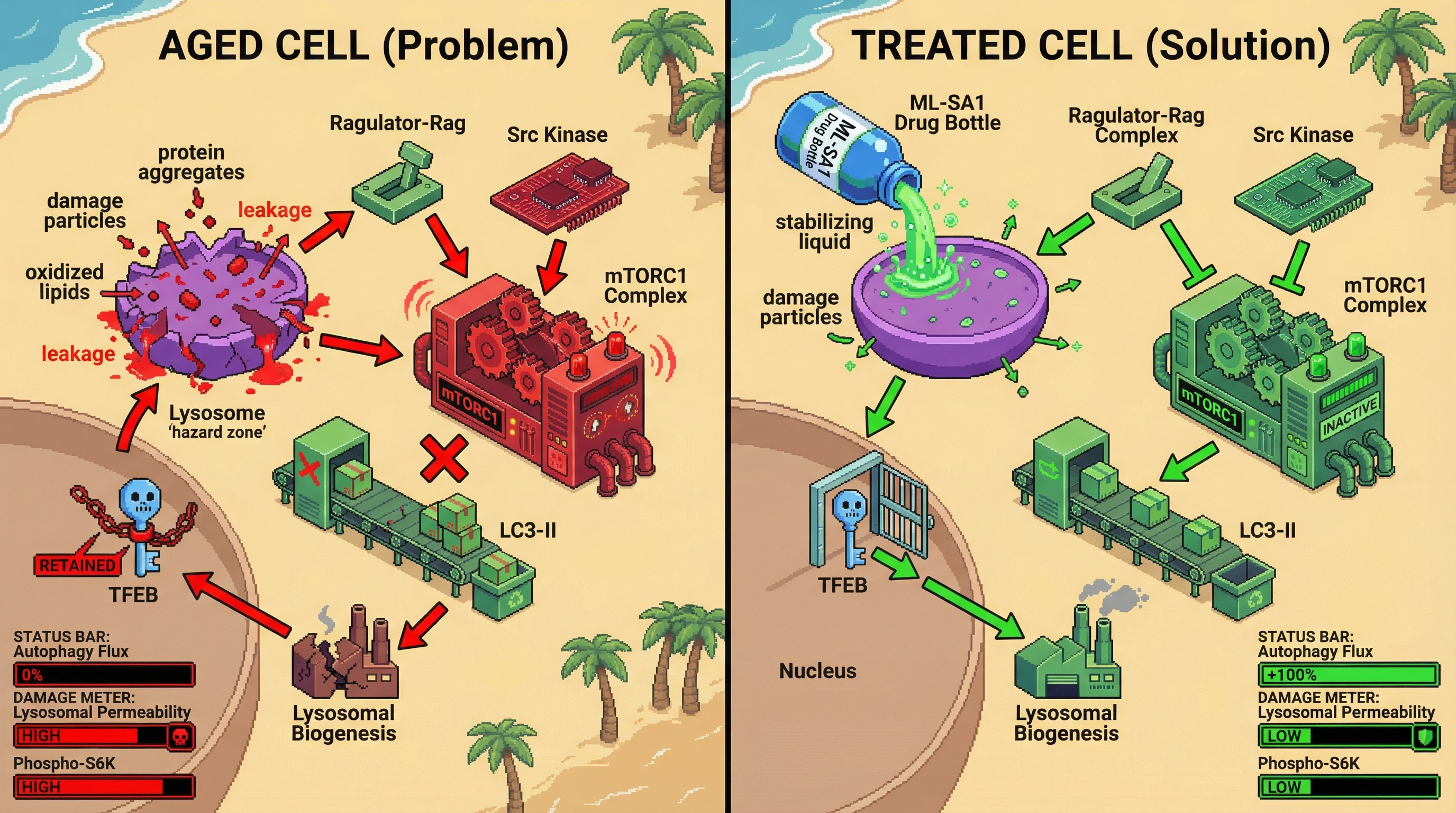 Mechanism: Aged cells suffer from damaged lysosomes that activate mTORC1, suppressing autophagy and TFEB nuclear translocation in a reinforcing loop. Readout: Readout: ML-SA1 stabilizes lysosomes, deactivates mTORC1, and restores autophagy flux by increasing nuclear TFEB, decreasing lysosomal permeability and phospho-S6K levels.