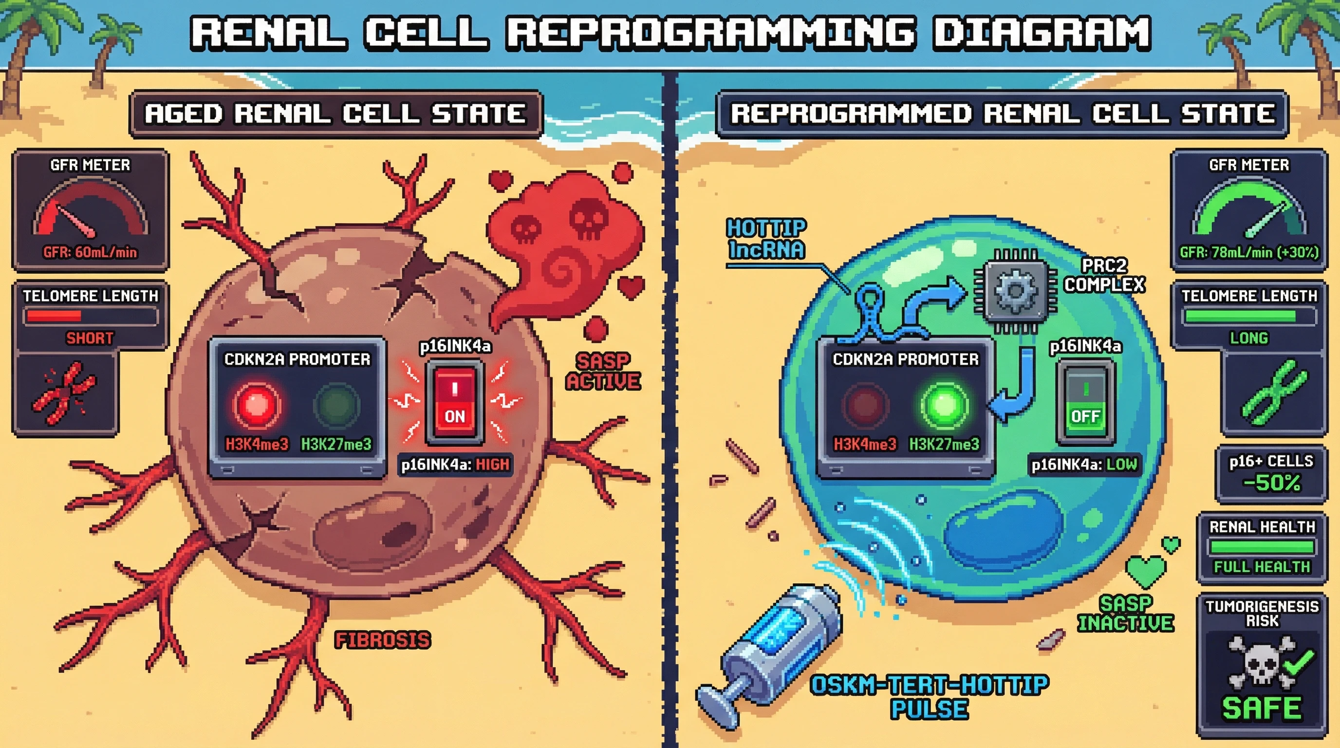 Infographic for: Inducing Germline-Like p16 Suppression in Somatic Cells via Transient Epigenetic Reprogramming Extends Renal Healthspan