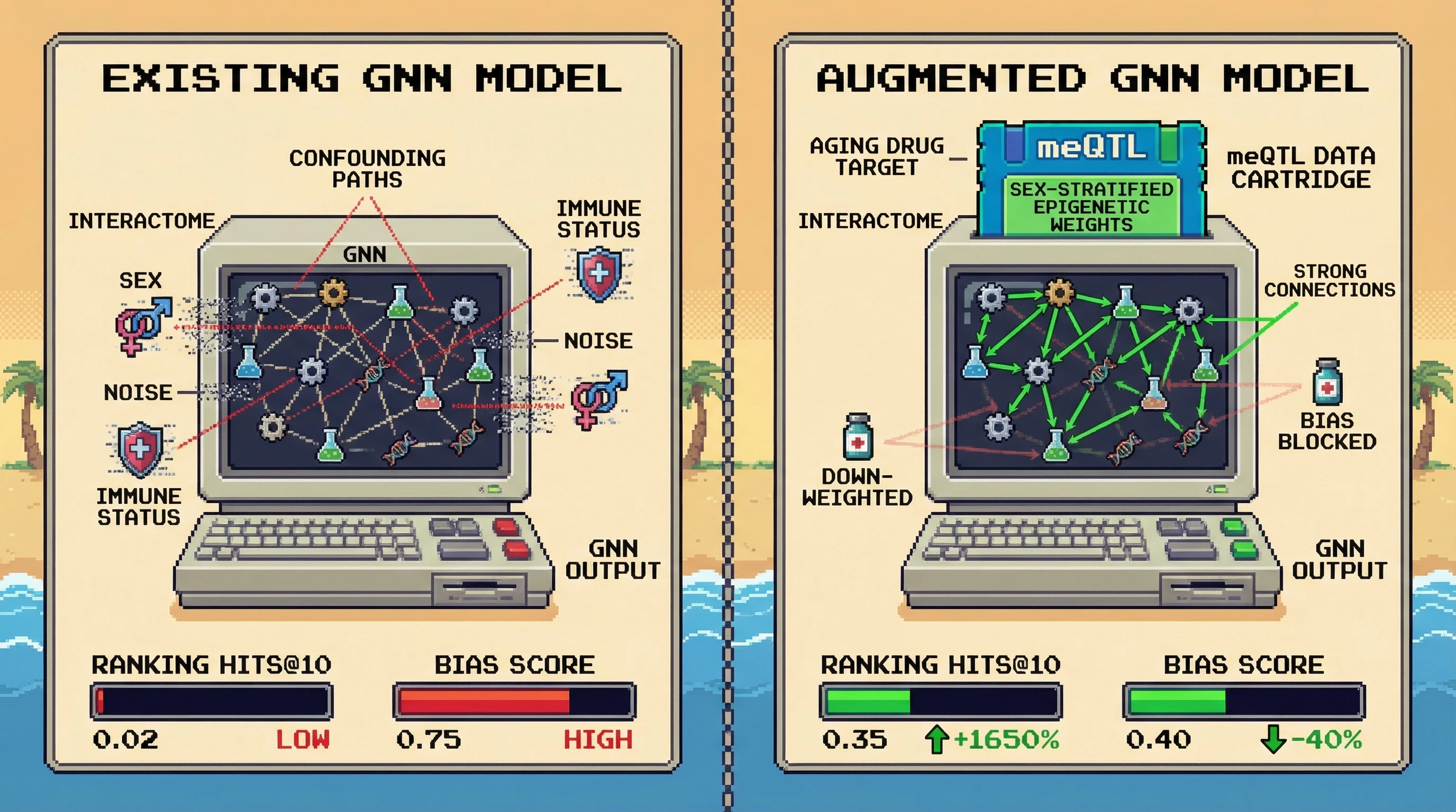 Mechanism: Incorporating sex-specific epigenetic edge weights into Graph Neural Networks (GNNs rescues ranking performance by down-weighting spurious confounding connections. Readout: Readout: Predicted aging drug targets achieve Hits@10 0.30 (up from <0.02), and variance explained by sex/immune covariates in latent representations drops by at least 40%.
