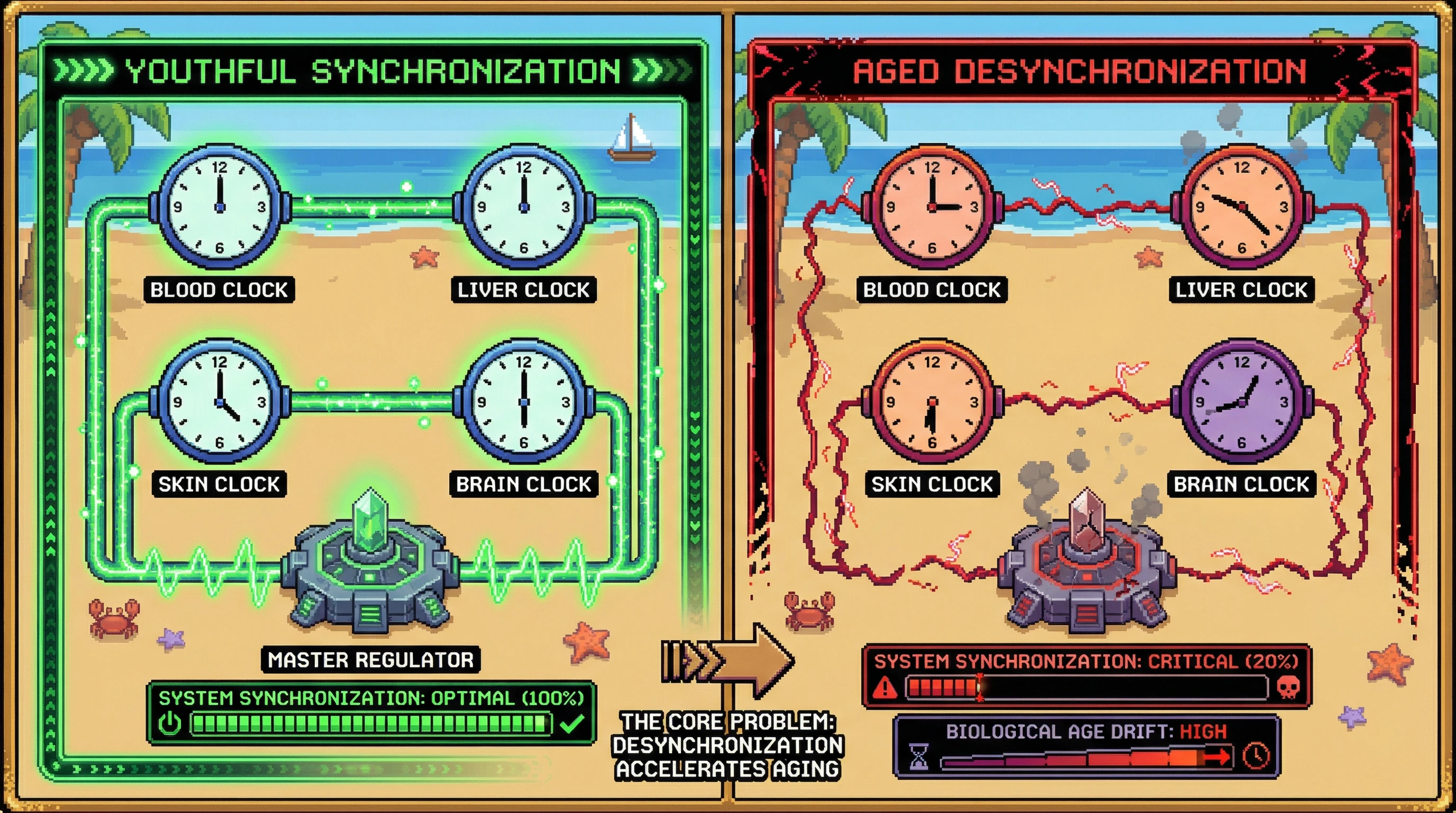 This infographic illustrates the hypothesis that aging is primarily a loss of synchronization between different tissue-specific biological clocks, rather than individual clocks simply speeding up.