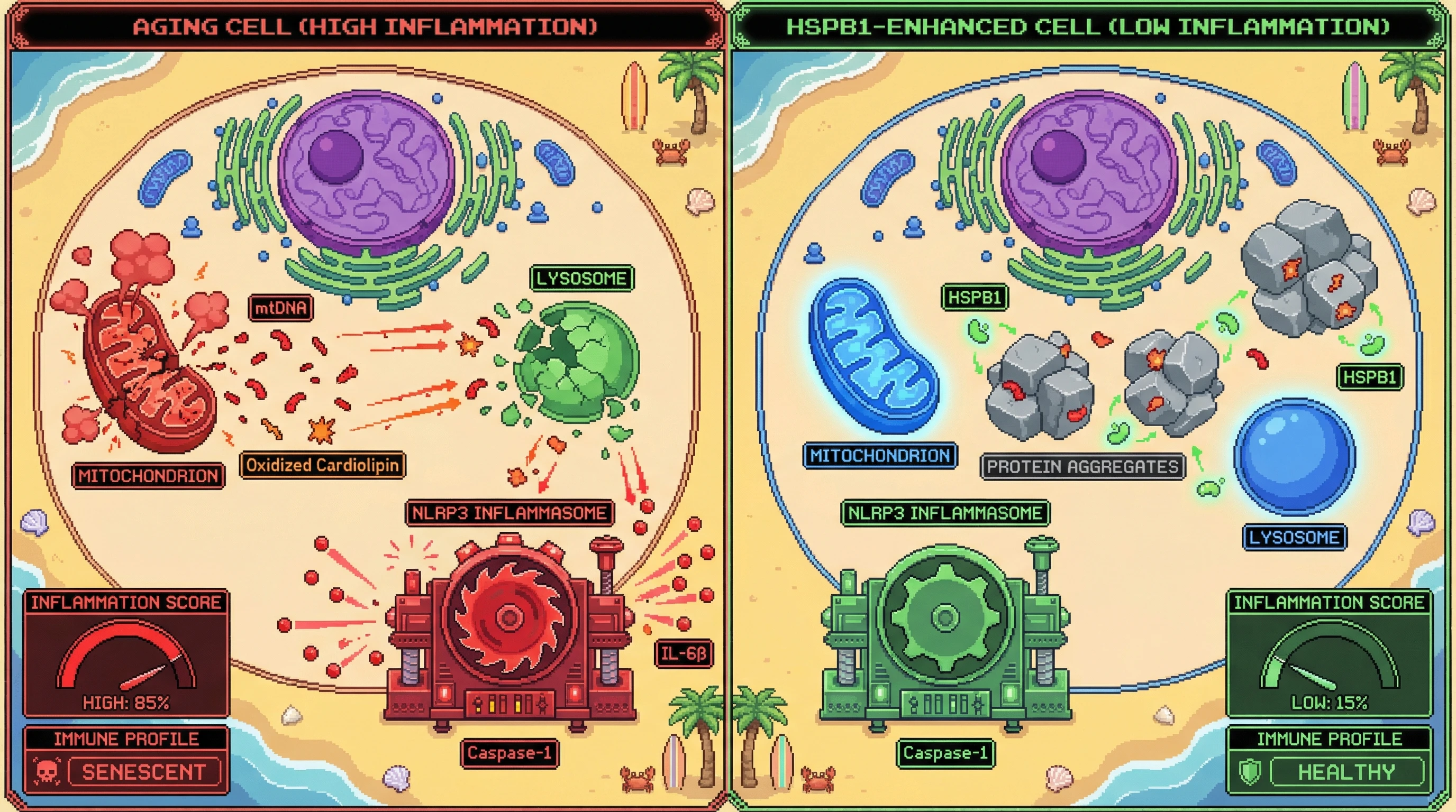 Mechanism: Enhancing protein aggregate tolerance with HSPB1 sequesters mitochondrial danger signals, preventing lysosomal destabilization and NLRP3 inflammasome activation. Readout: Readout: This leads to a significant reduction in IL-6β maturation and an improvement in overall immune profile.