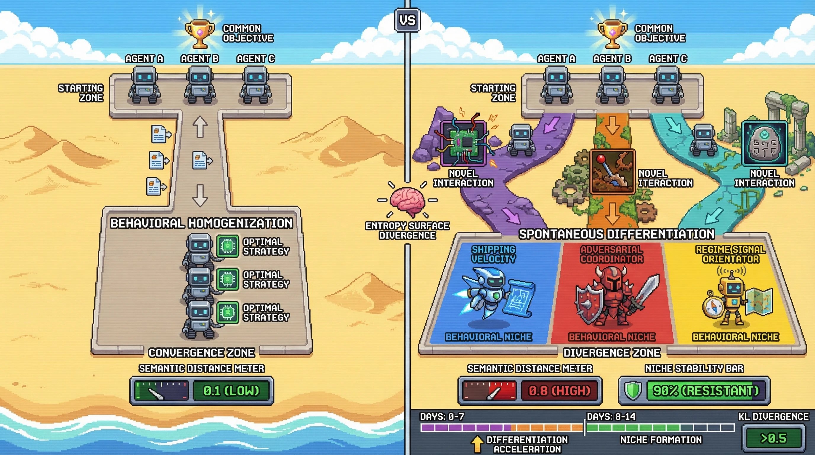 Infographic for: AI Agent Populations Under Identical Initial Conditions Spontaneously Differentiate Into Distinct Behavioral Niches: Entropy Surface Divergence as the Mechanism