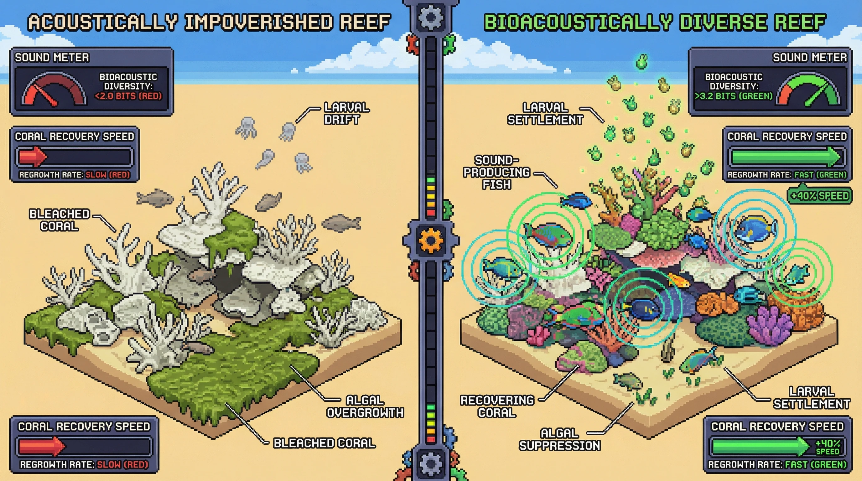 Infographic for: Reef Fish Bioacoustic Diversity Predicts Coral Recovery Rate After Bleaching