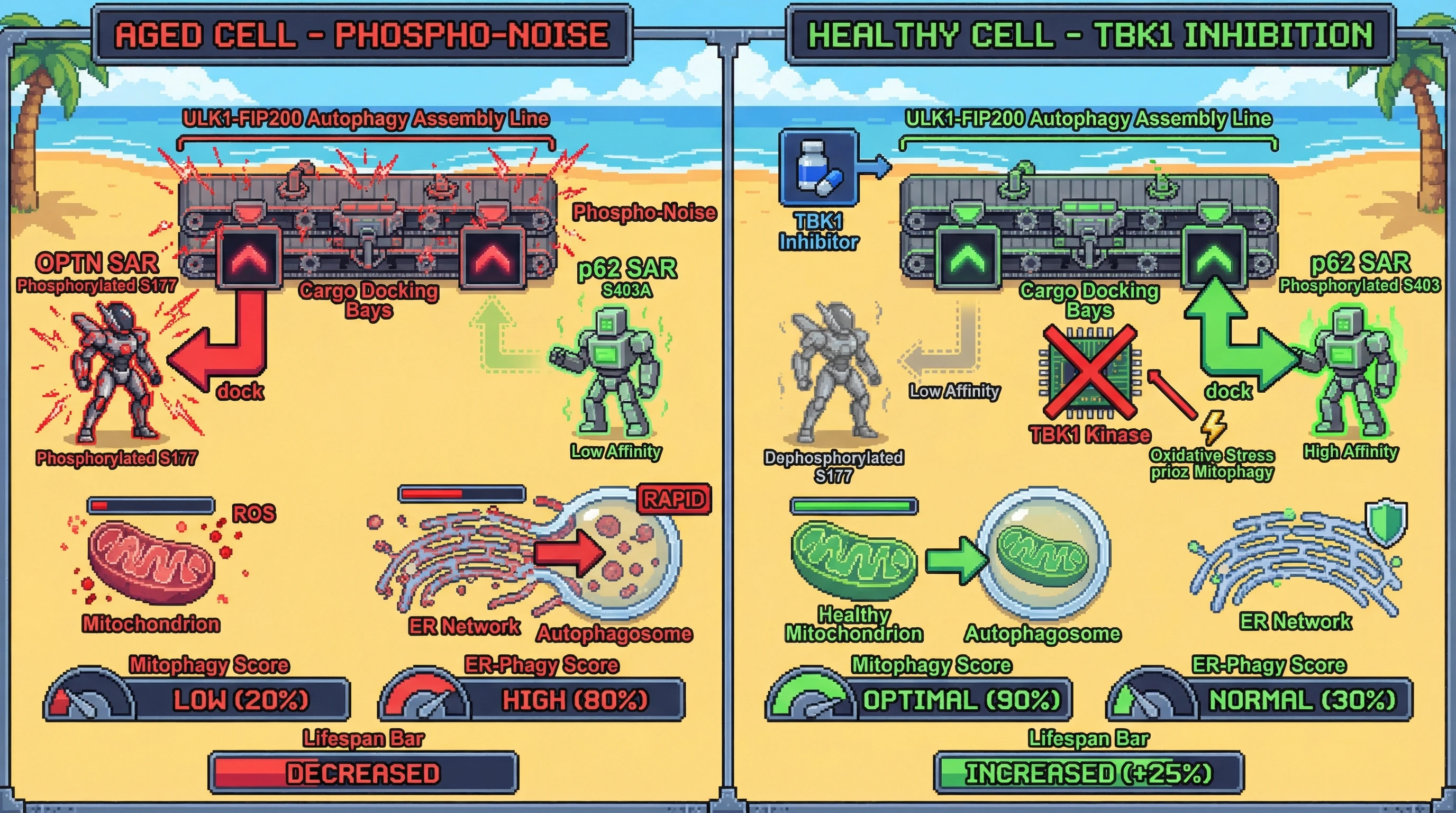 Infographic for: Phosphorylation-dependent conformational switching of selective autophagy receptors establishes a degradative hierarchy whose disruption drives age-related organelle-specific autophagy failure