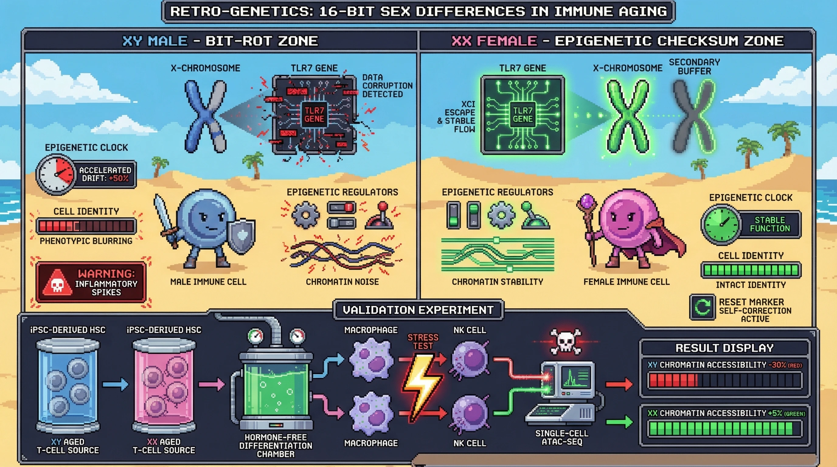 Mechanism: Female immune cells benefit from epigenetic redundancy provided by X-chromosome inactivation escapees, stabilizing chromatin and preserving cell identity. Readout: Readout: In hormone-free conditions, XY-derived immune cells show faster chromatin noise accumulation and significant loss of chromatin accessibility compared to XX cells under stress.
