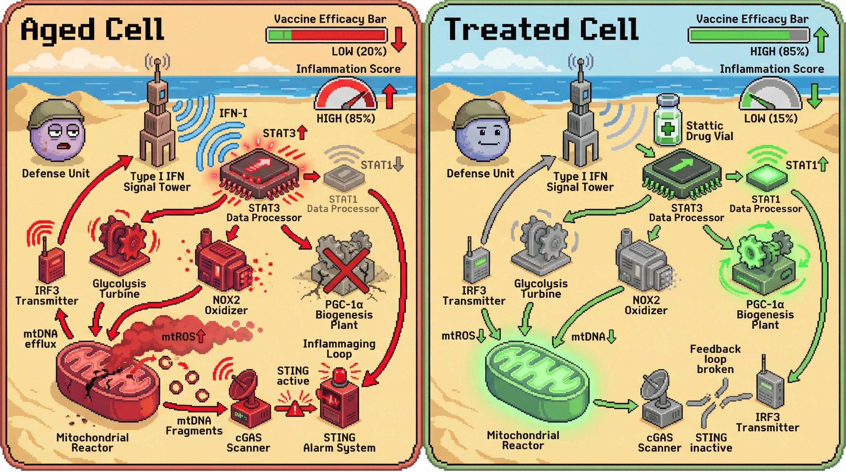 Mechanism: Aging drives STAT3 dominance in IFN-I signaling, fueling mitochondrial ROS and mtDNA release, which activates STING to amplify inflammation in a positive feedback loop. Readout: Readout: Inhibiting STAT3 or STING reduces inflammation and improves vaccine efficacy, shifting cellular metrics towards a healthy state.