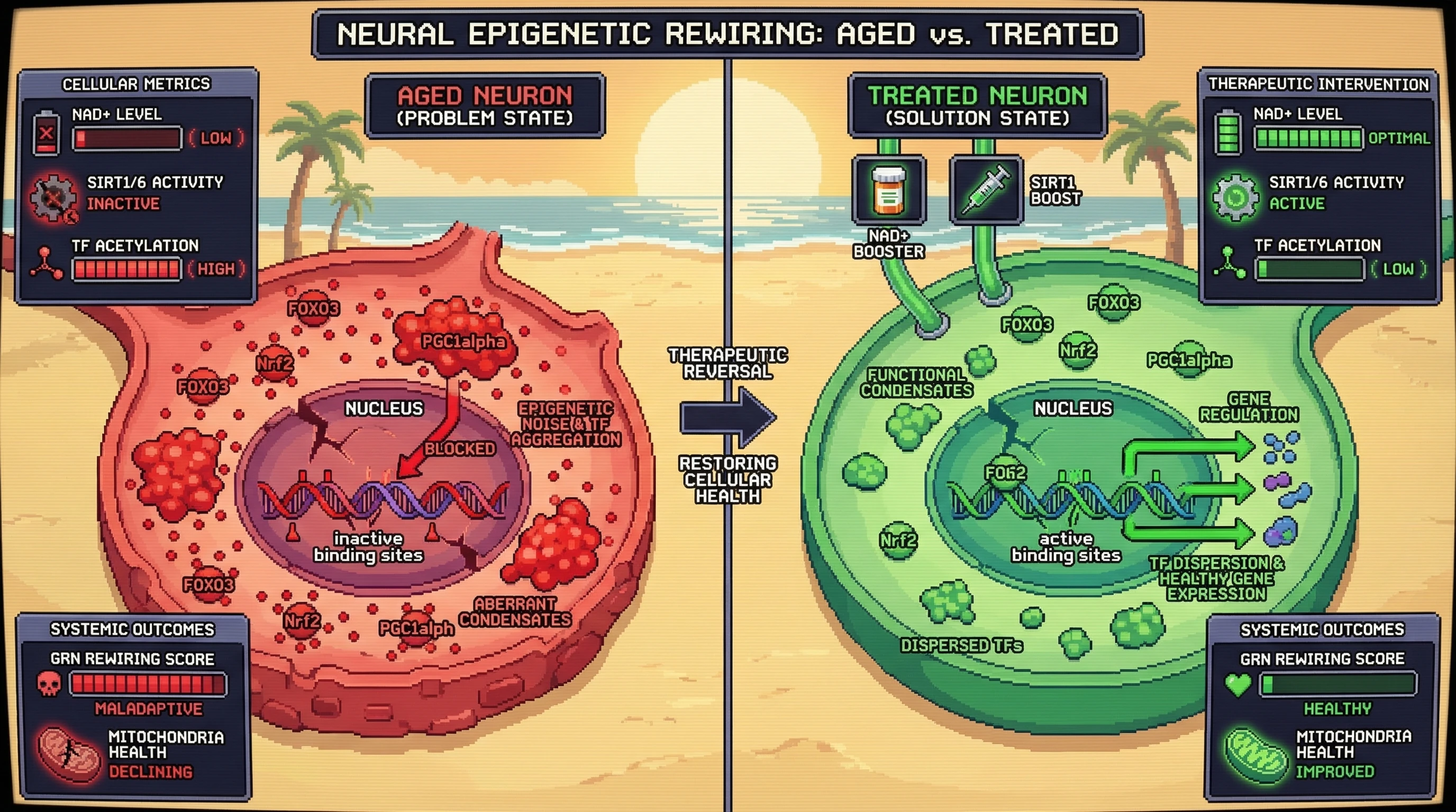 Mechanism: Age-related NAD+ decline reduces SIRT1/6 activity, causing hyperacetylation and aberrant phase separation of TFs (FOXO3, Nrf2, PGC1α), which sequesters them from DNA, rewiring gene regulatory networks. Readout: Readout: NAD+ boosters or SIRT1 overexpression reduce TF acetylation and condensate formation, restoring healthy gene regulation and improving mitochondrial health.