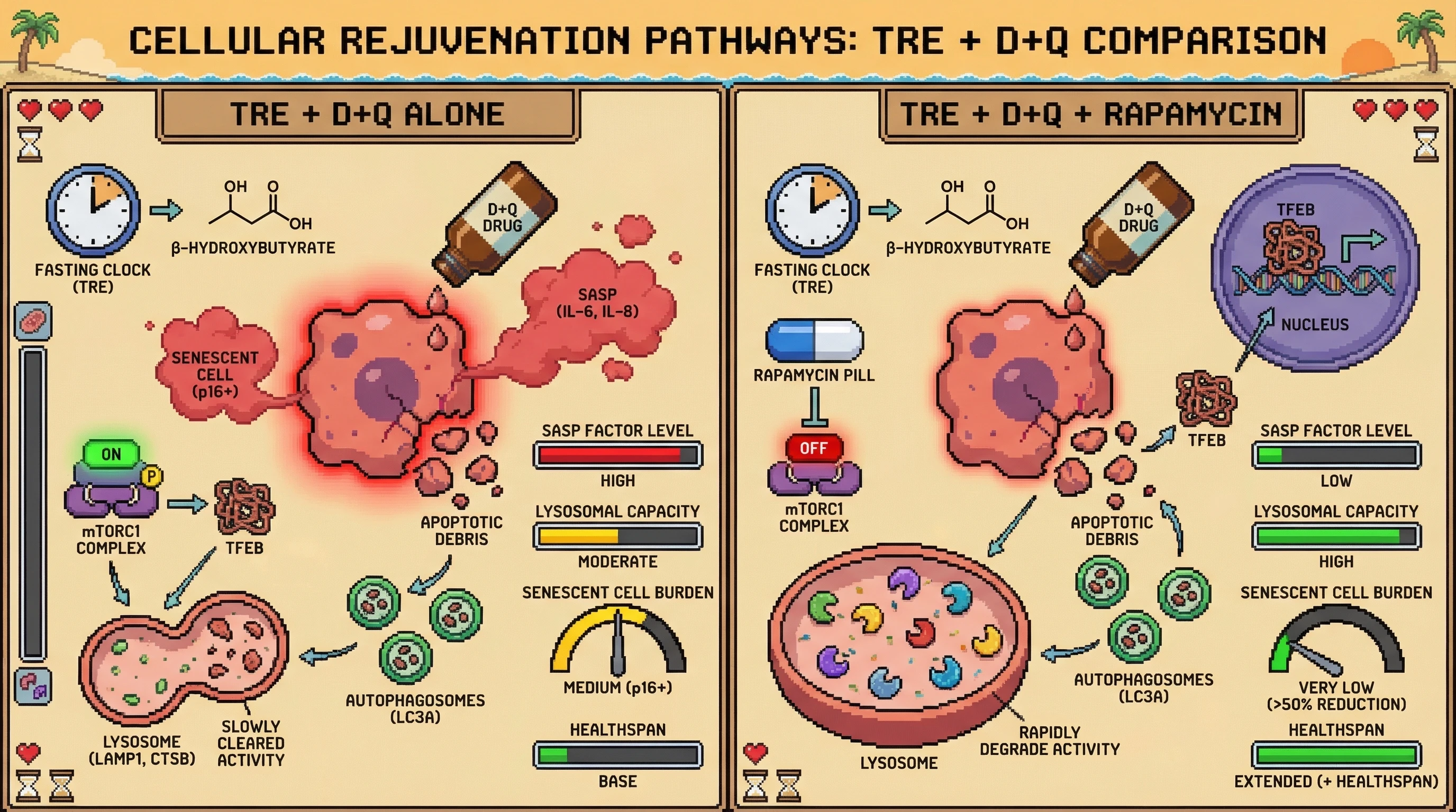 Mechanism: Intermittent rapamycin inhibits mTORC1, allowing TFEB to activate lysosomal biogenesis, which enhances clearance of senolytic-induced debris. Readout: Readout: This triple regimen significantly decreases SASP factors, increases lysosomal markers, and reduces senescent cell burden by over 50%.