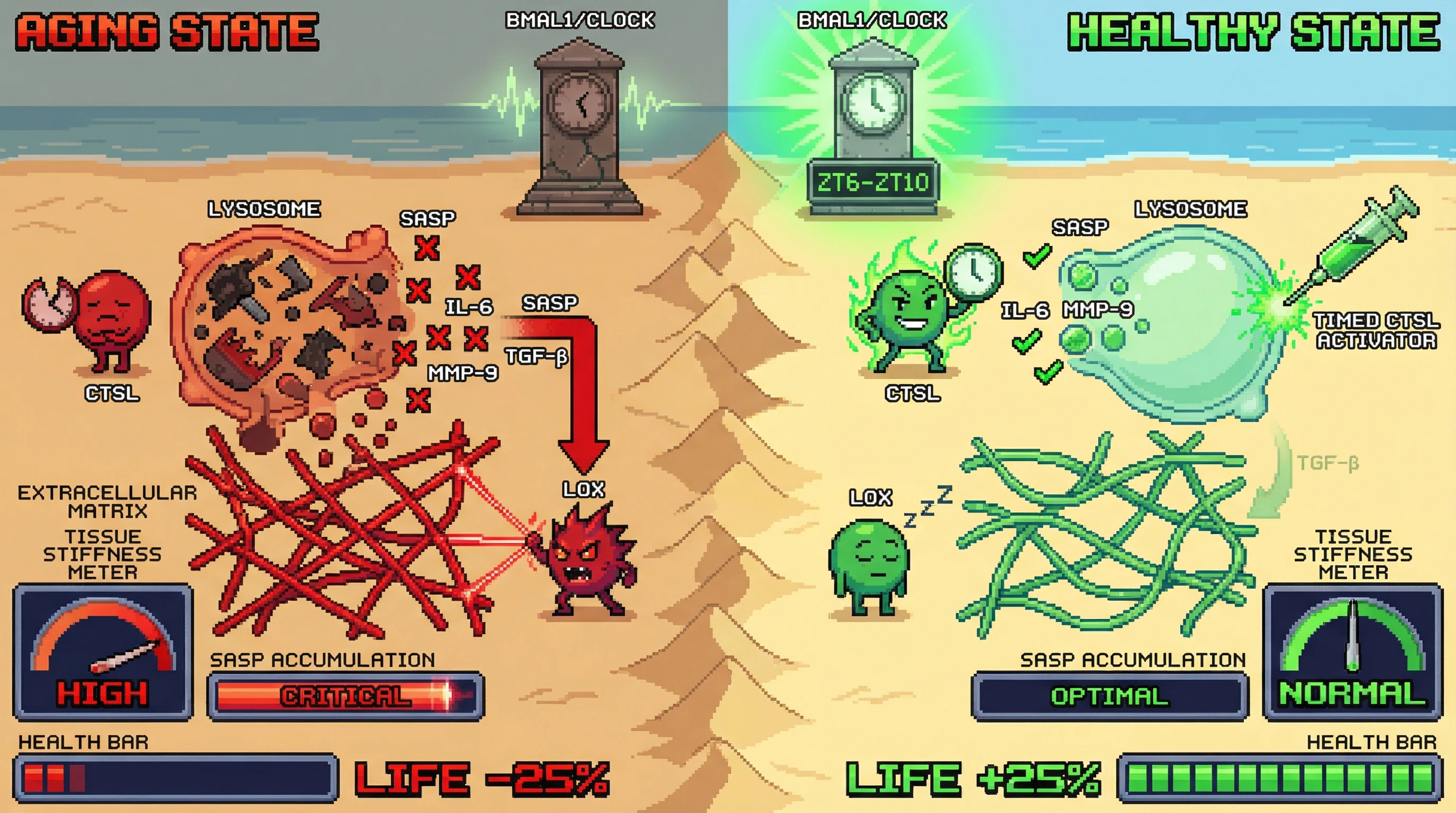 Infographic for: Circadian gating of lysosomal cathepsin L activity controls SASP clearance and extracellular matrix remodeling as a core anti-aging mechanism