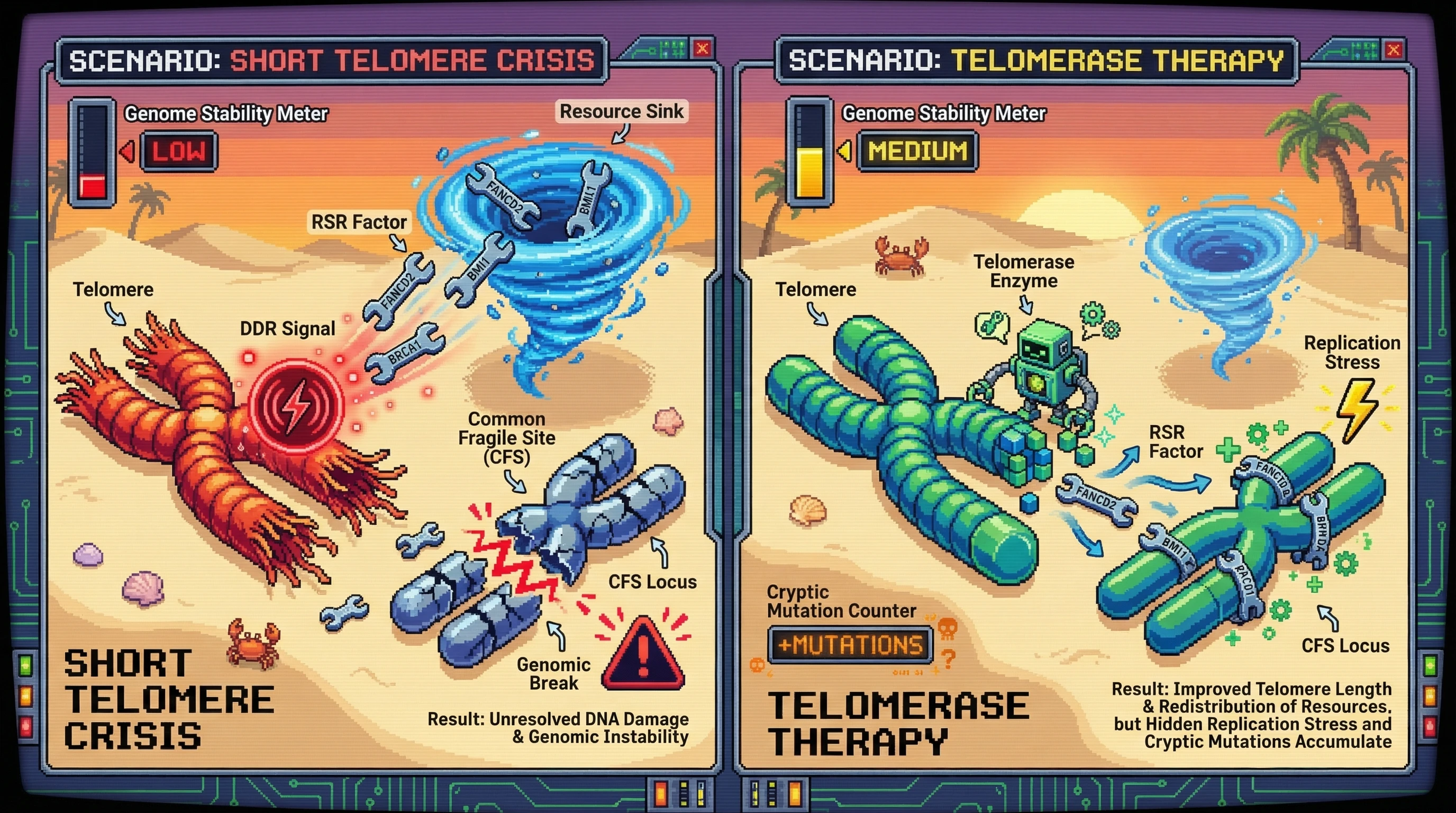 Mechanism: Short telomeres act as resource sinks, sequestering critical DNA repair factors (FANCD2, BMI1, BRCA1) away from common fragile sites (CFSs), leading to genomic breaks. Readout: Readout: Telomerase therapy extends telomeres, but persistent replication stress may lead to cryptic CFS-driven mutations despite an improved genome stability readout.