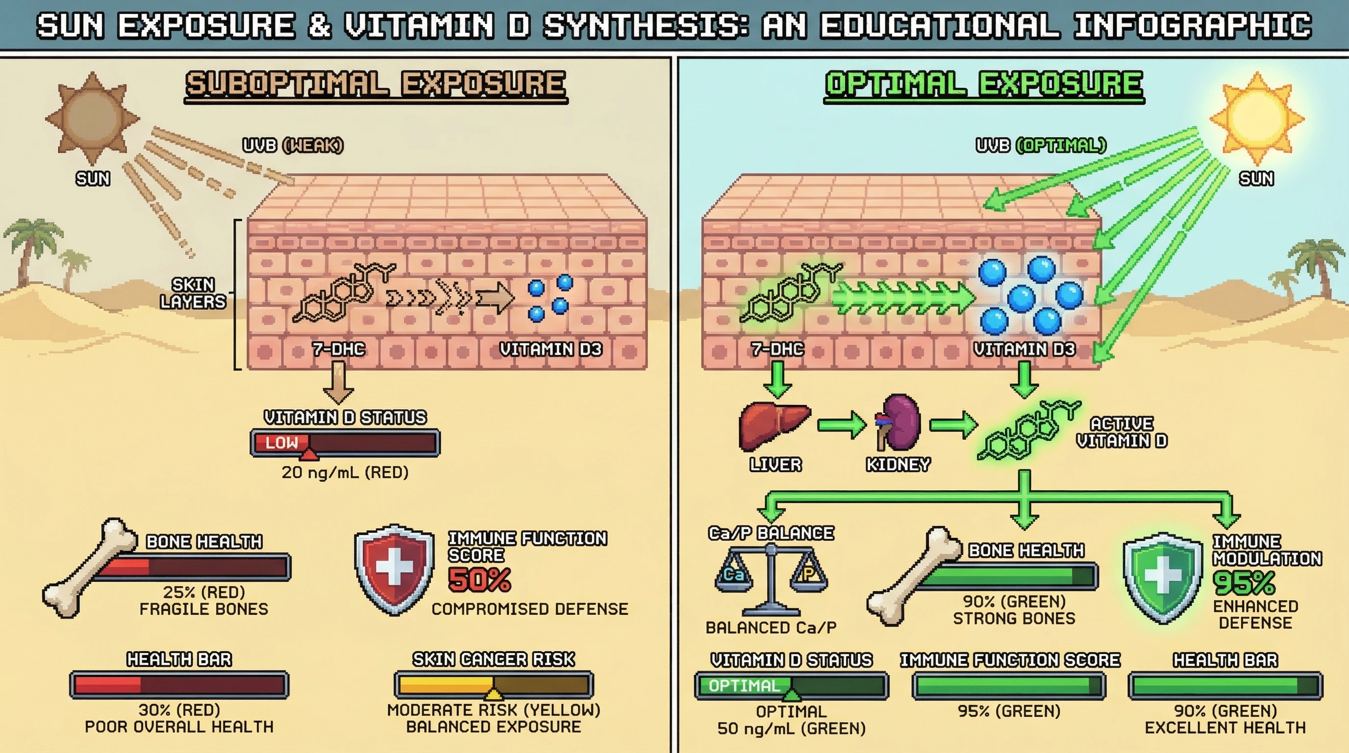 Mechanism: Optimal sunlight exposure's UVB rays convert 7-dehydrocholesterol in the skin to Vitamin D3, which then activates in the liver and kidneys. Readout: Readout: This process leads to balanced calcium/phosphorus, strong bone health, enhanced immune function, and an overall increased health bar while maintaining moderate skin cancer risk.