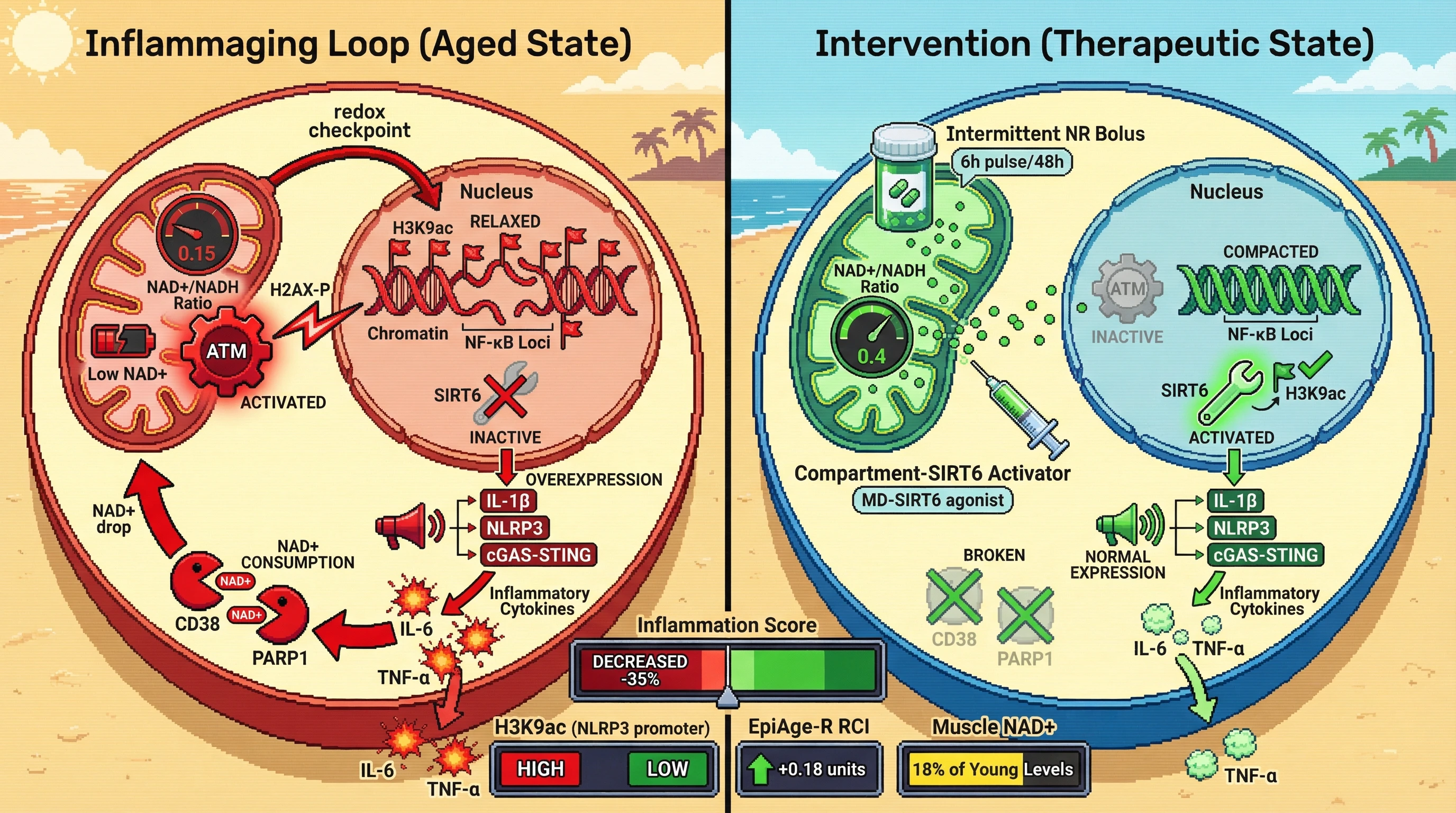 Infographic for: Intermittent NAD+ Flux Coupled with Compartment-SIRT6 Activation Breaks the Inflammaging Feedback Loop