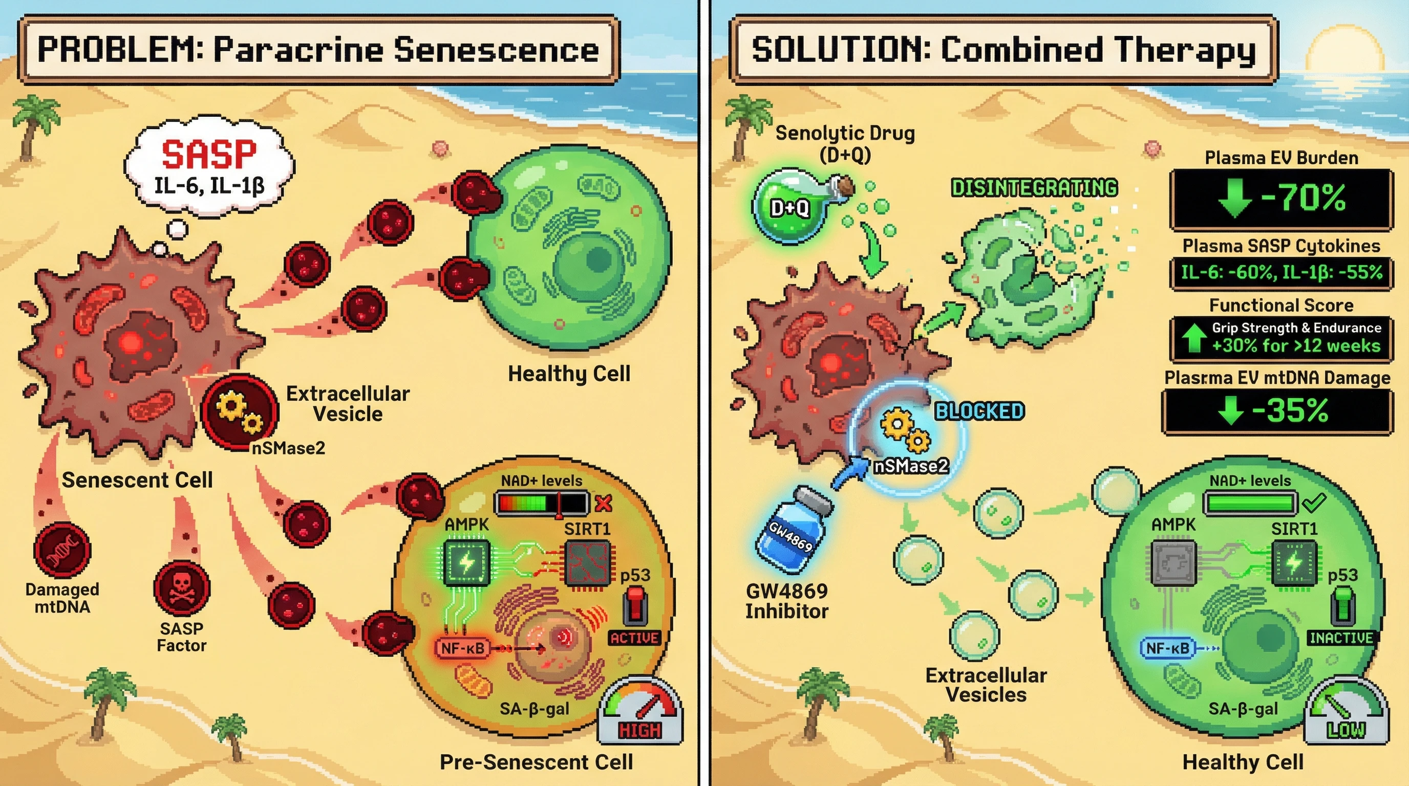 Mechanism: Senescent cells spread senescence via mitochondria-rich extracellular vesicles (EVs) through nSMase2-dependent release, which is blocked by GW4869 and combined with senolytics (D+Q) to clear senescent cells. Readout: Readout: This combined therapy significantly reduces plasma EV burden and SASP cytokines, decreases EV mtDNA damage, and improves functional scores like grip strength and endurance for over 12 weeks.