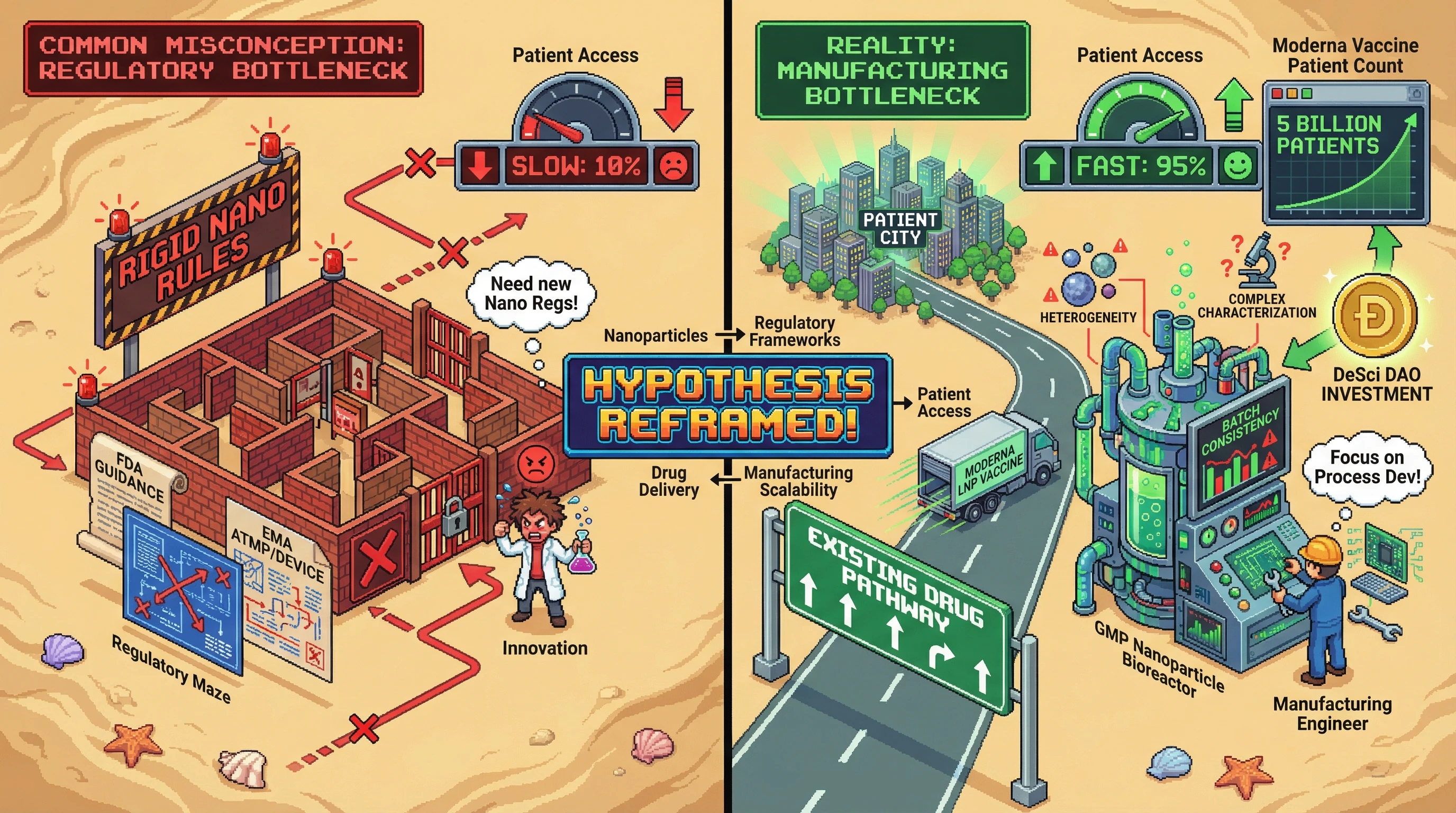 This infographic reframes the common belief that a 'regulatory gap' is slowing nanoparticle therapeutics. It illustrates how existing, flexible regulatory pathways allow rapid patient access (e.g., Moderna vaccines), while the true bottleneck lies in manufacturing consistency and scalability.