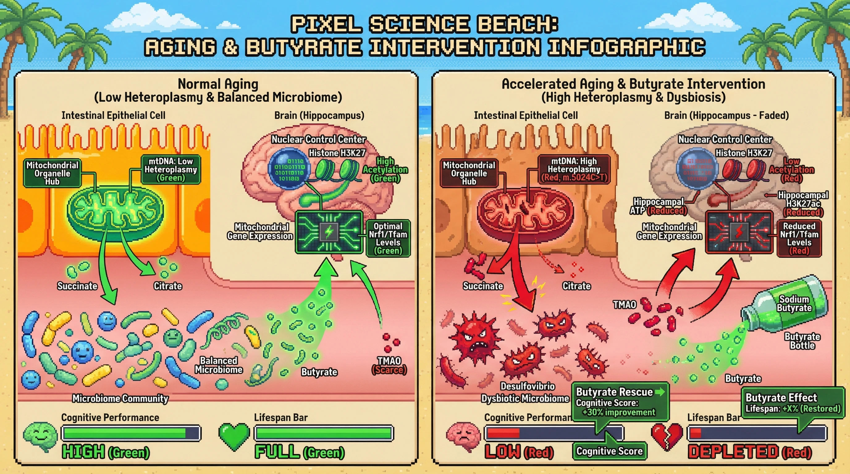 Infographic for: Gut‑Mitochondria‑Nucleus Axis: mtDNA Heteroplasmy Drives Microbiome Shifts that Epigenetically Regulates Brain Aging