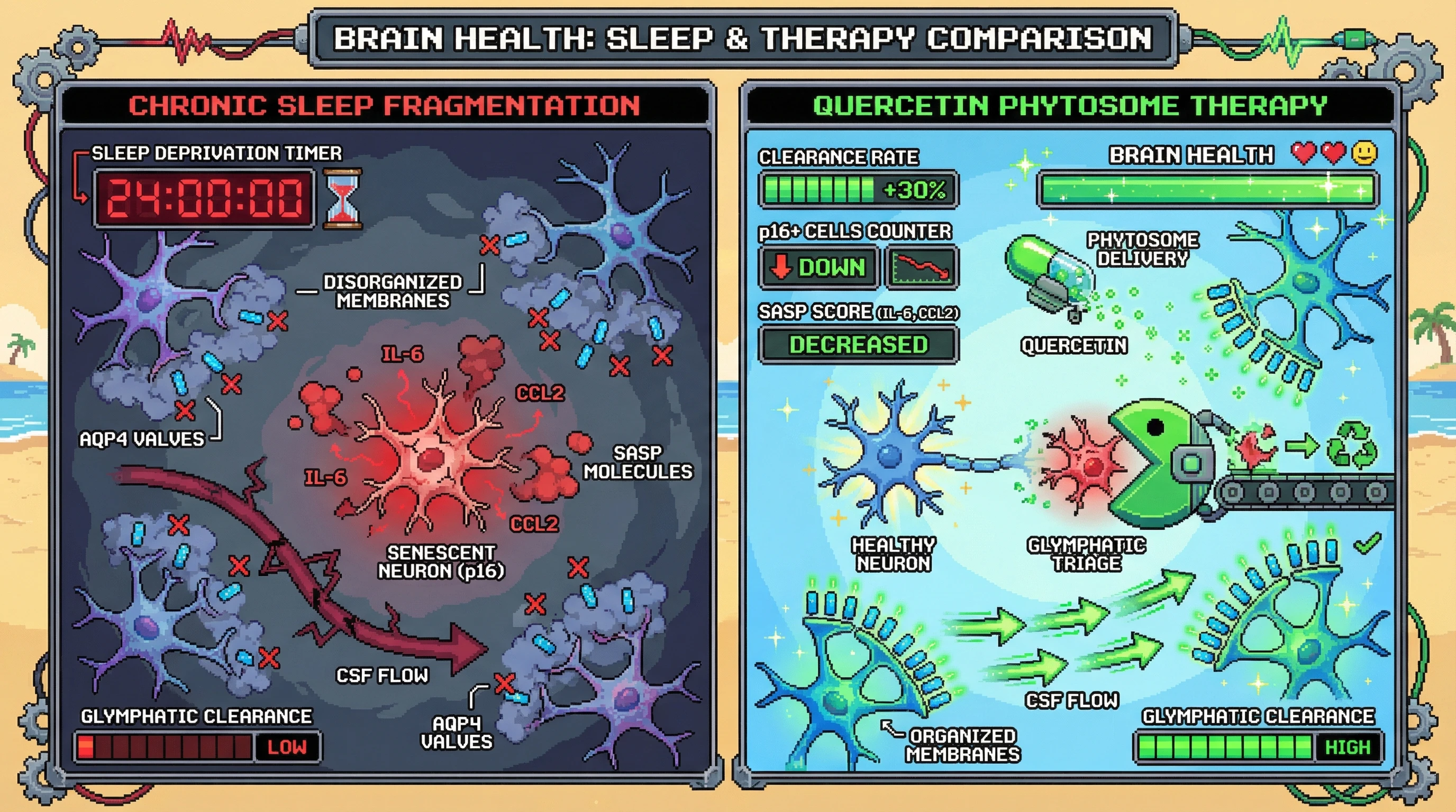 Infographic for: Quercetin phytosome amplifies nocturnal glymphatic triage by sustaining AQP4 polarization and lowering senescent neuron burden