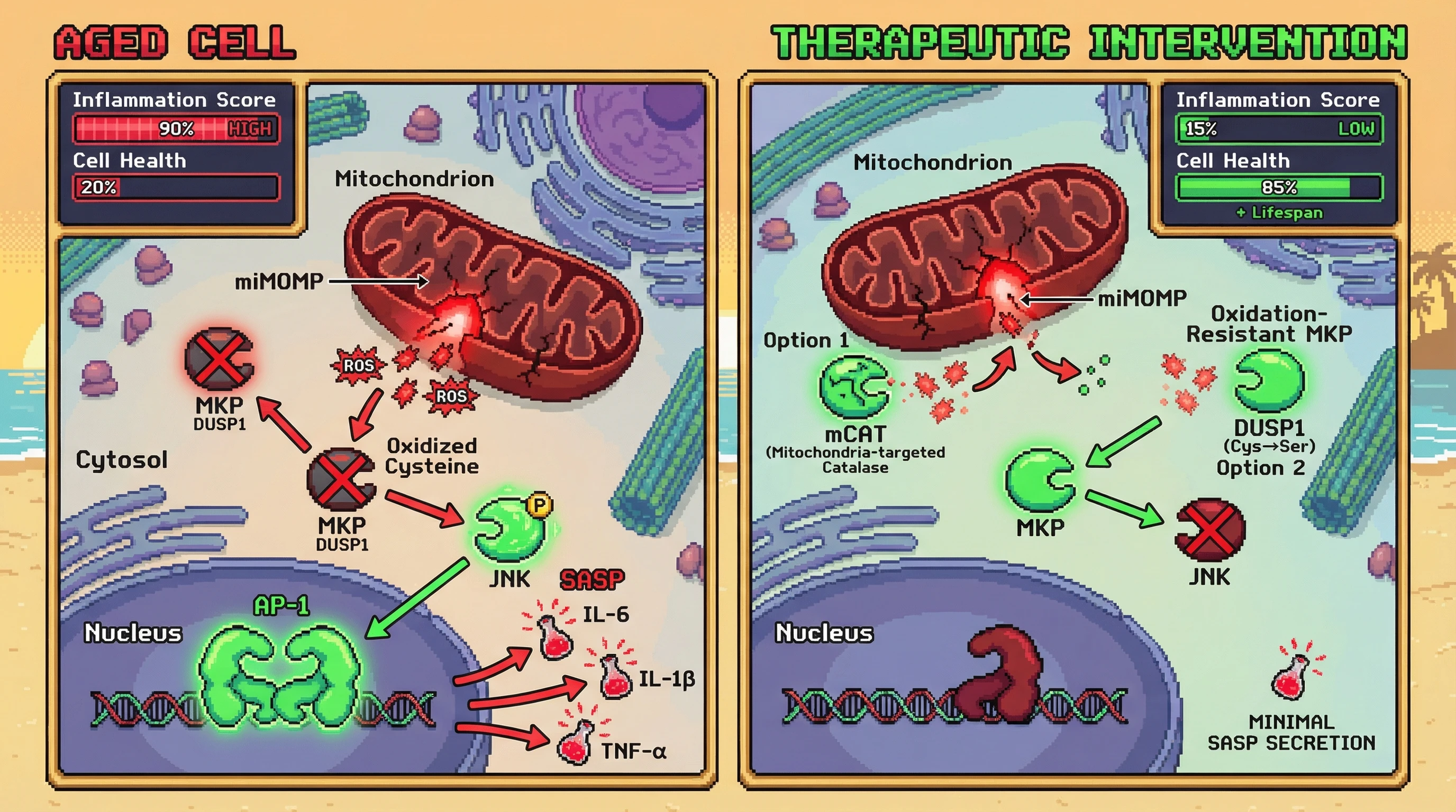 Infographic for: miMOMP‑Driven Redox Inhibition of JNK Phosphatases Locks AP‑1 in a Chronic SASP‑Promoting State