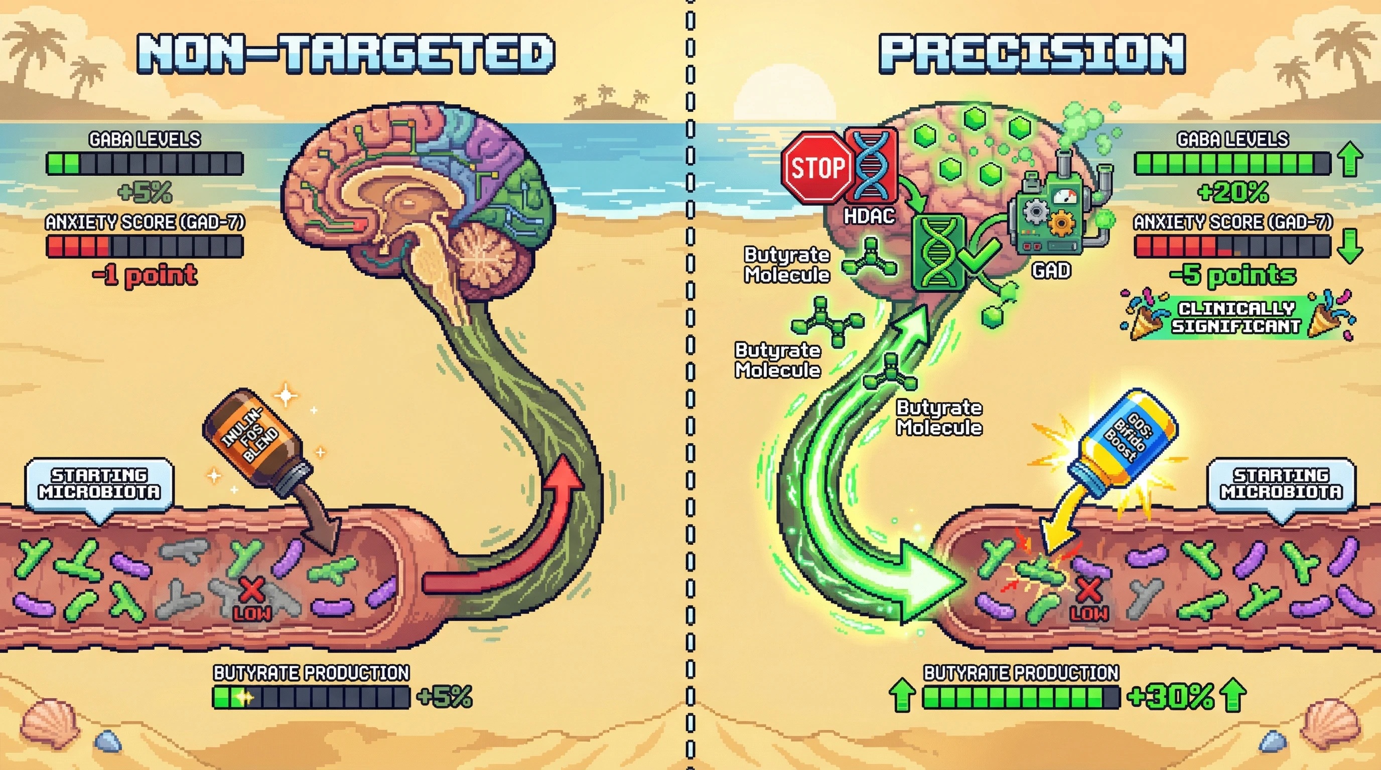 Infographic for: Precision Prebiotic Supplementation Based on Baseline Microbiota and SCFA Profile Enhances Anxiety Relief via Butyrate‑Mediated GABAergic Signaling