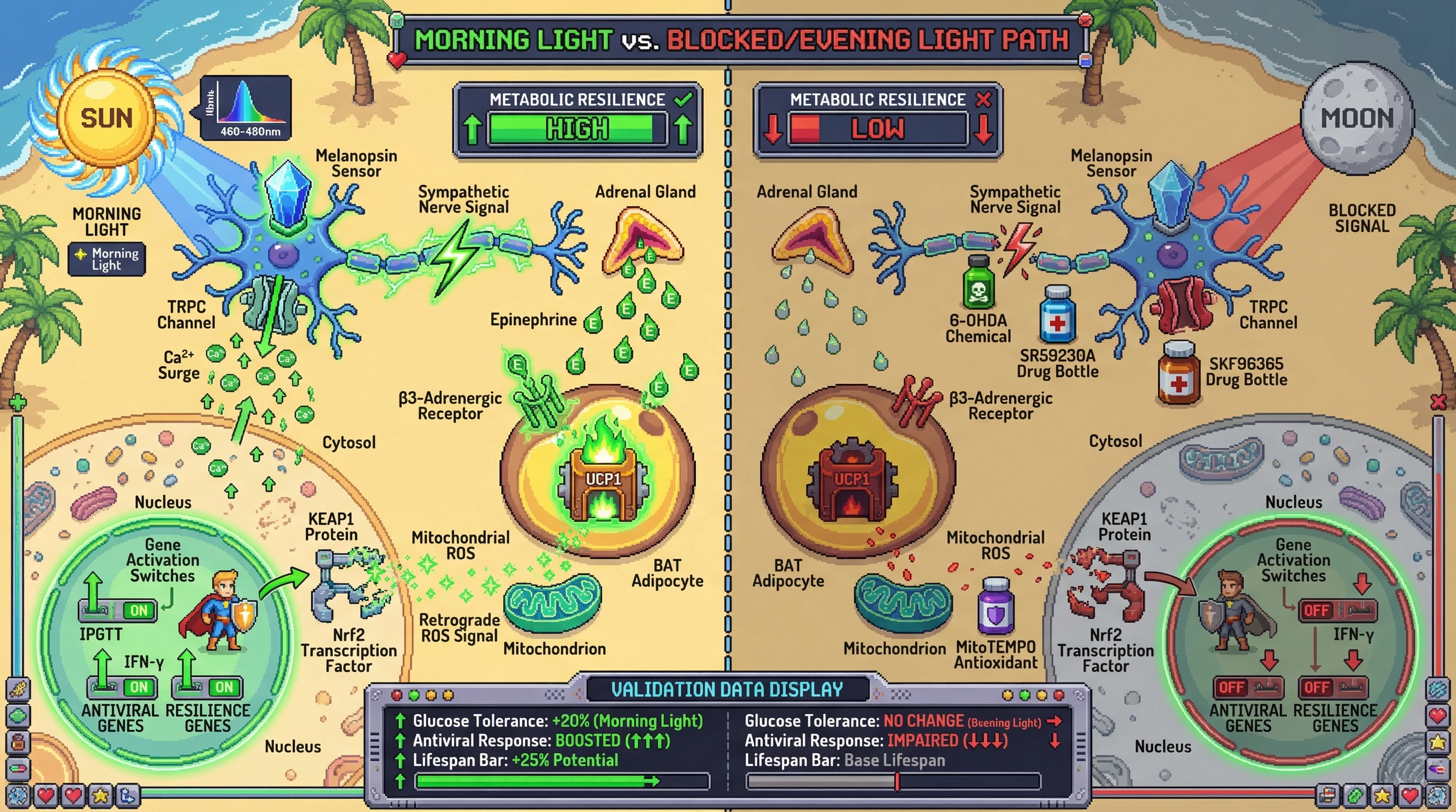 Mechanism: Morning light activates melanopsin, initiating a sympathetic cascade that primes BAT mitochondria to generate a controlled ROS signal, freeing Nrf2 to activate immunometabolic genes. Readout: Readout: This pathway improves glucose tolerance and antiviral readiness, indicated by a 'Metabolic Resilience' meter showing 'HIGH' and a 'Lifespan Bar' with '+25% Potential'.