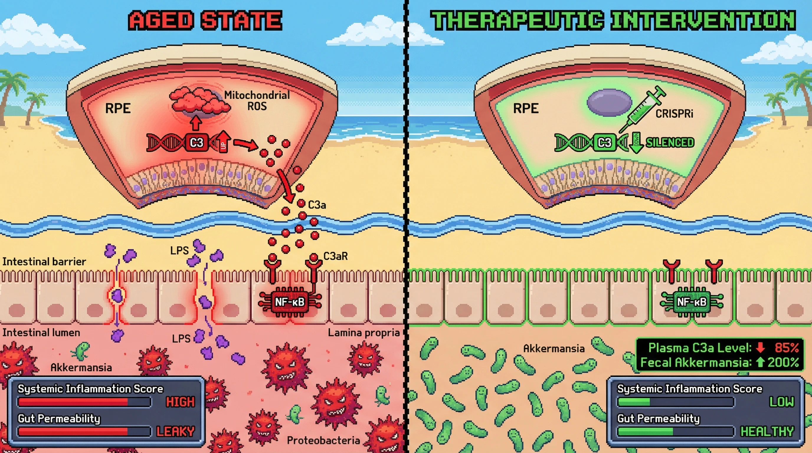 Mechanism: Retinal C3a overproduction drives gut barrier disruption and dysbiosis, amplifying systemic inflammation. Readout: Readout: RPE-targeted CRISPRi of C3 lowers plasma C3a by 85% and increases fecal Akkermansia by 200%, restoring gut health.