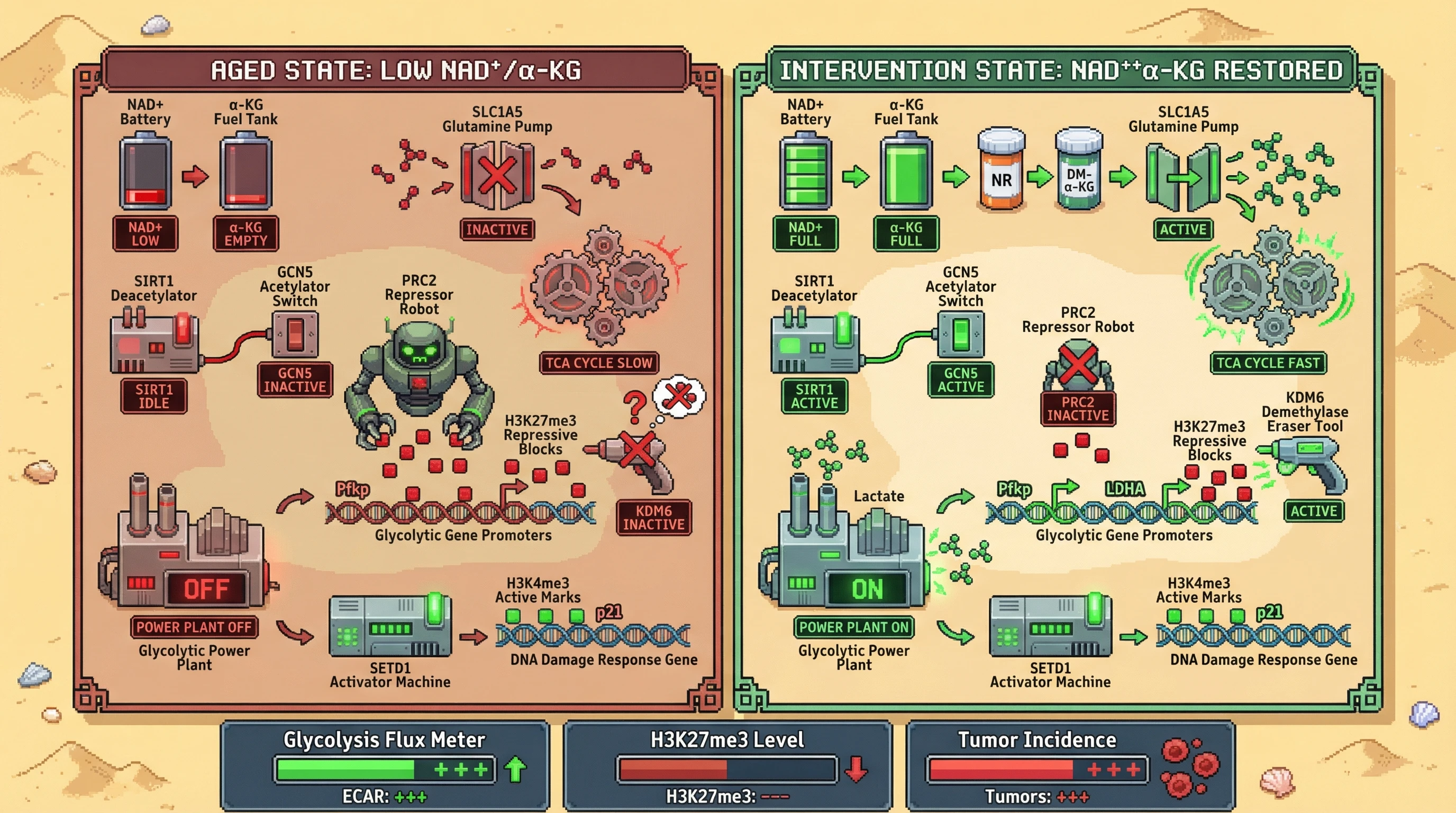 Infographic for: NAD+ and α‑Kg co‑depletion enforces a tumor‑suppressive, low‑metabolism epigenome; joint restoration re‑activates glycolysis and elevates cancer risk in aged tissue