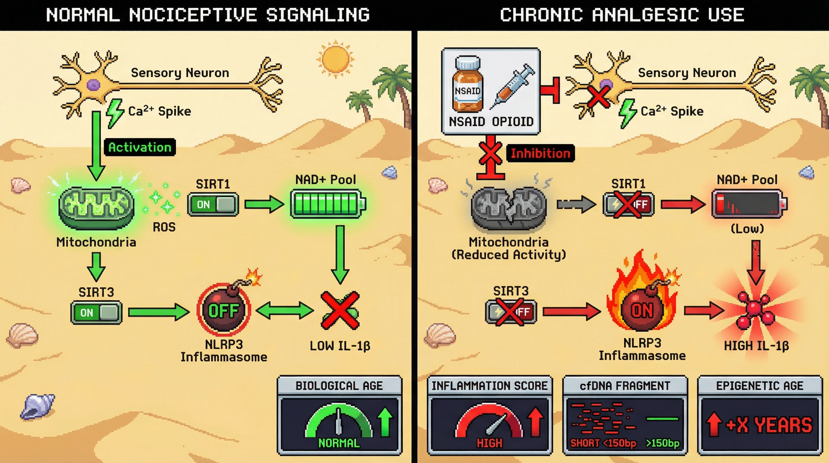 Infographic for: Pharmacological Blunting of Nociceptive Mitochondrial Hormesis Accelerates Epigenetic Aging via NAD+ Depletion and Inflammasome Priming