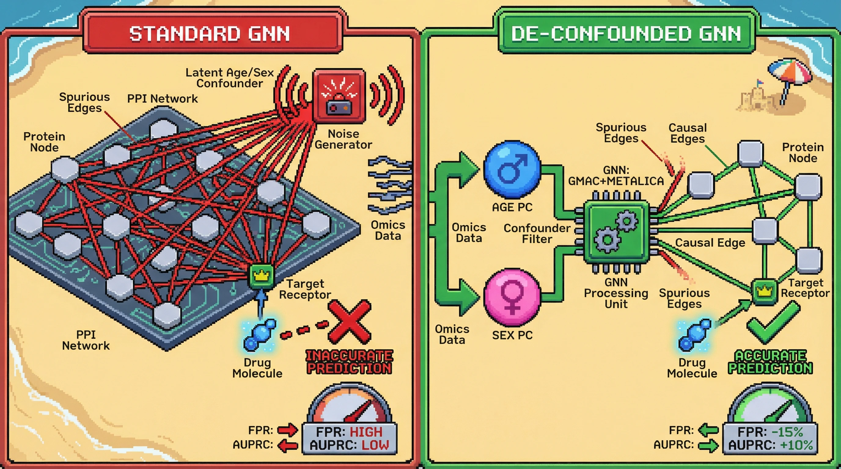 Infographic for: Sex‑Stratified, Age‑Deconfounded GNNs Improve Causal Drug‑Target Prediction for Aging