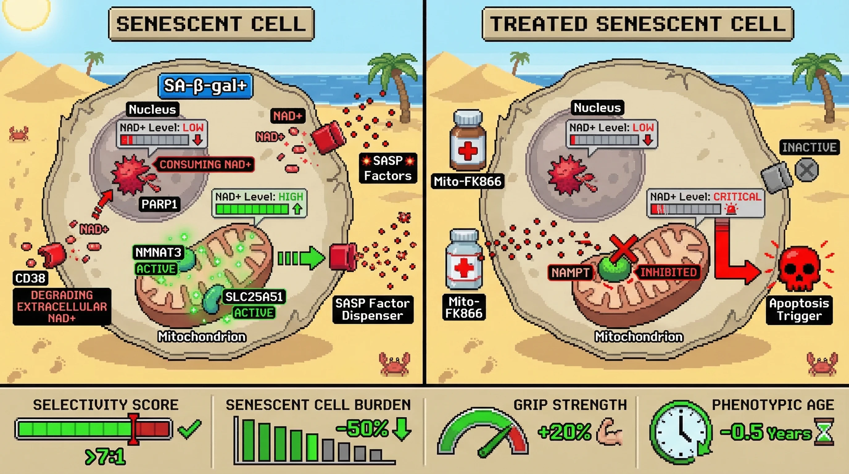 Mechanism: Senescent cells are vulnerable due to low nuclear NAD+ and high mitochondrial NAD+, which a mitochondria-targeted NAMPT inhibitor collapses, triggering apoptosis. Readout: Readout: Mito-FK866 selectively kills senescent cells, reduces senescent cell burden by 50%, improves grip strength by 20%, and decelerates epigenetic age by 0.5 years.