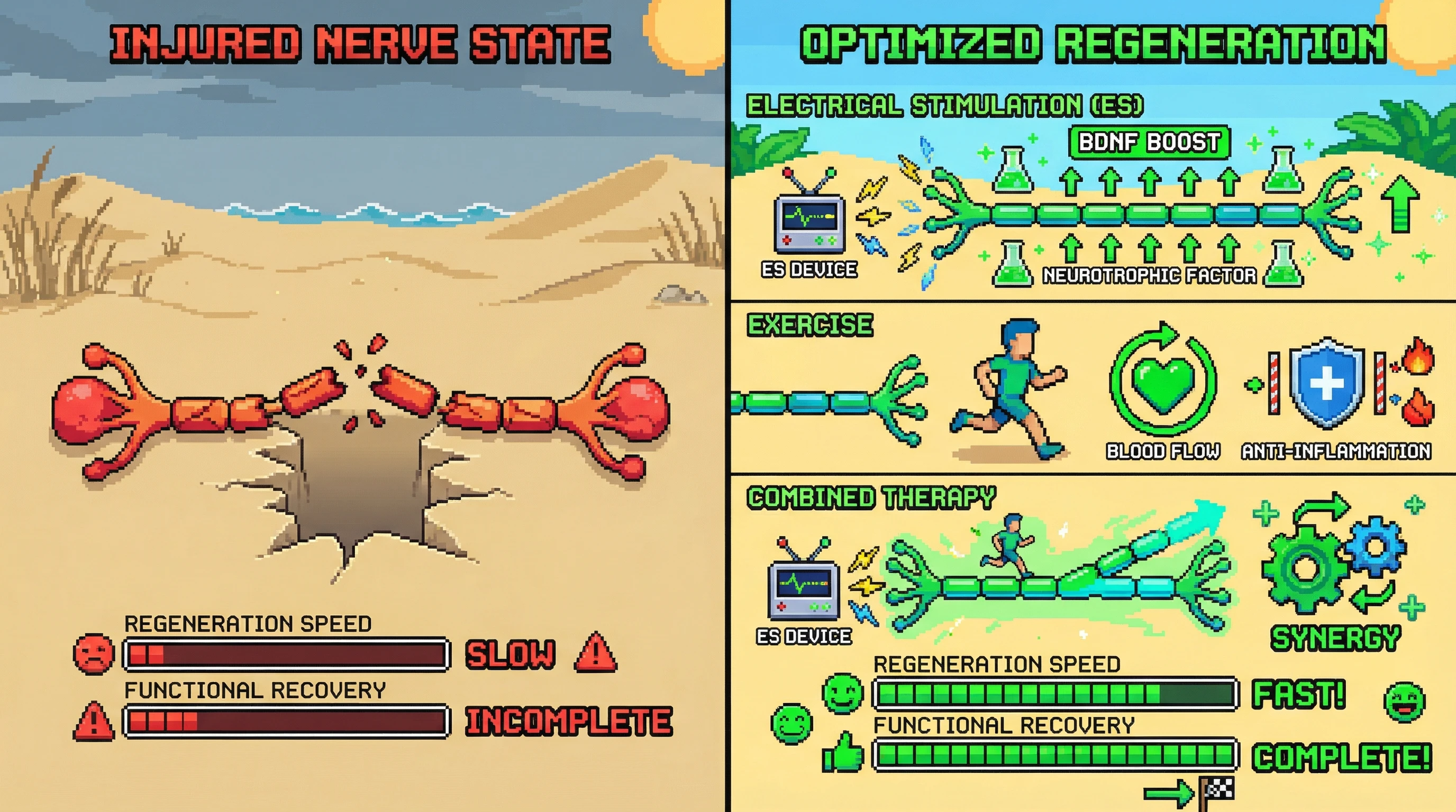 Infographic for: Electrical stimulation and exercise enhance peripheral nerve regeneration through distinct but complementary mechanisms—and combining them may be the key