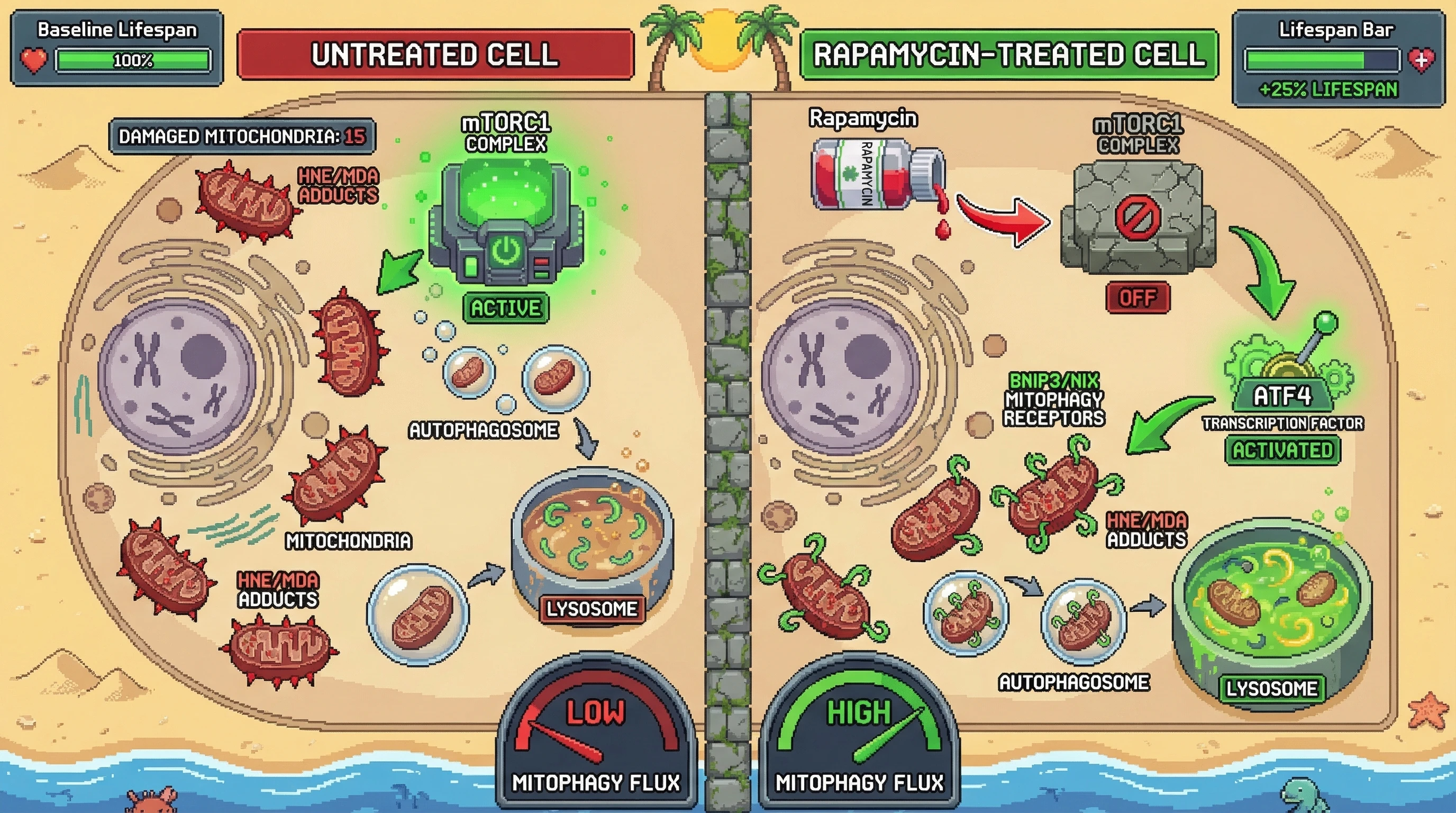 Infographic for: Rapamycin extends lifespan by priming mitophagy to tolerate, not repair, mitochondrial lipid peroxidation damage