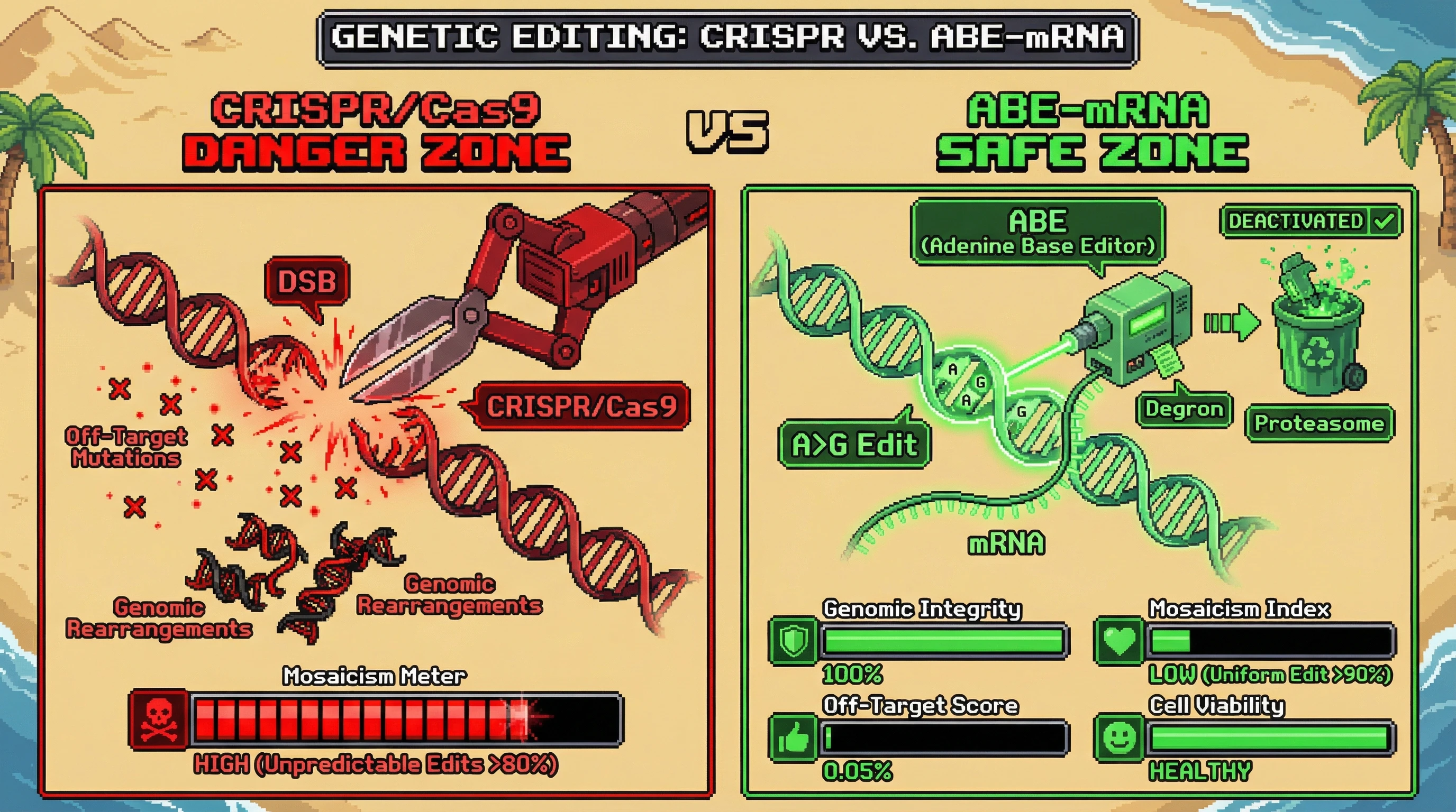 Mechanism: Transient ABE-mRNA performs precise A•T to G•C gene edits via single-strand nicks, avoiding the double-strand DNA breaks caused by CRISPR/Cas9. Readout: Readout: This approach significantly reduces off-target mutations, genomic rearrangements, and mosaicism, leading to improved genomic integrity and cell viability.