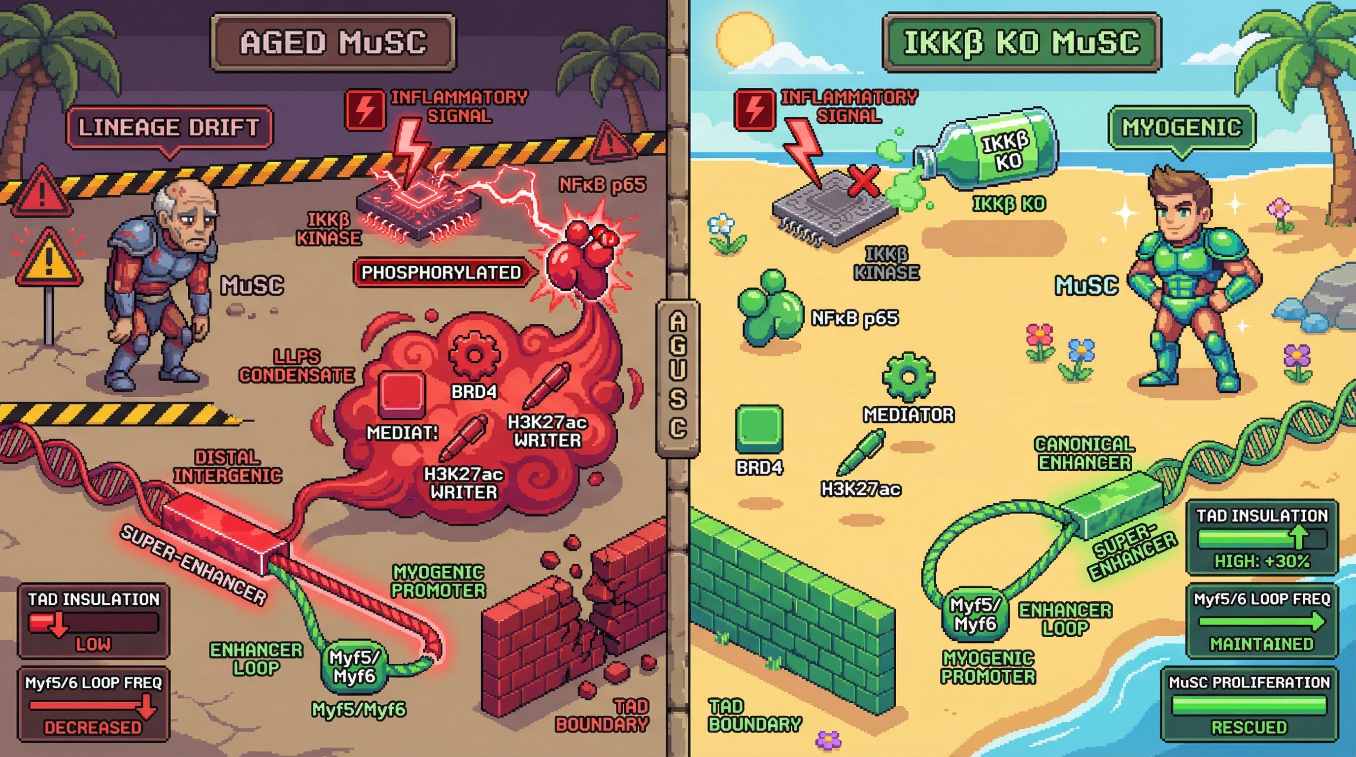 Infographic for: Inflammatory NFκB signaling drives phase‑separated super‑enhancer rewiring that precipitates 3D genome collapse in aged muscle stem cells
