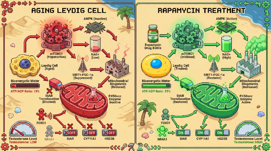 Infographic for: mTORC1‑Driven Bioenergetic Collapse as a Developmental Switch that Silences Leydig Cell Steroidogenesis in Aging