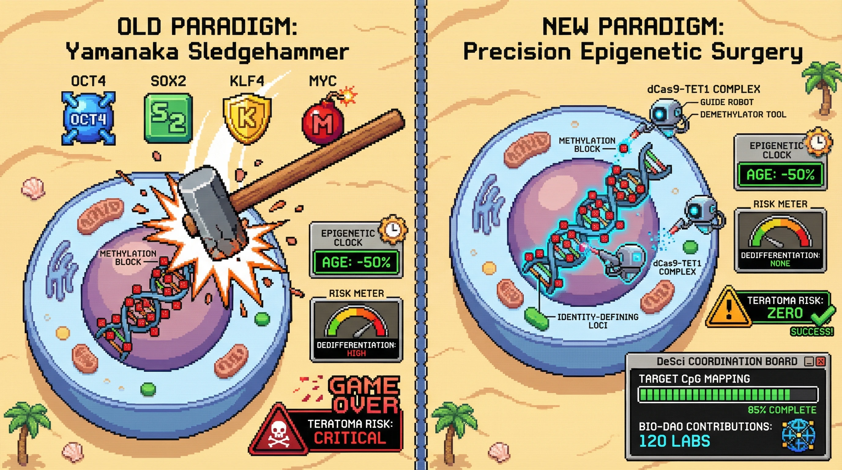 This infographic contrasts the brute-force approach of Yamanaka factors, which reset epigenetic age but risk dedifferentiation, with a new paradigm of precise epigenetic surgery using dCas9-TET1 complexes to selectively remove age-associated methylation marks without affecting cell identity.