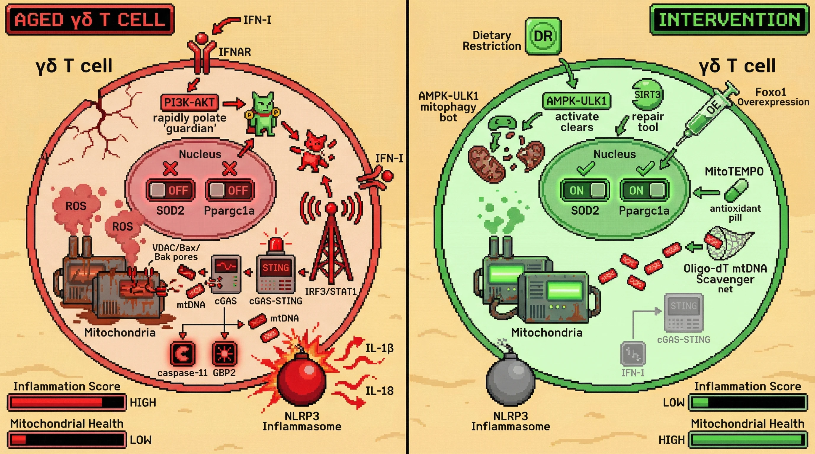 Mechanism: In aged γδ T cells, IFN-I signaling suppresses nuclear Foxo1, leading to mitochondrial dysfunction, mtDNA release, and a self-amplifying cGAS-STING-IFN-I loop that promotes inflammation. Readout: Readout: Interventions like dietary restriction, Foxo1 overexpression, or mtDNA scavenging restore mitochondrial health and reduce inflammation markers like IL-1β and IFN-β.