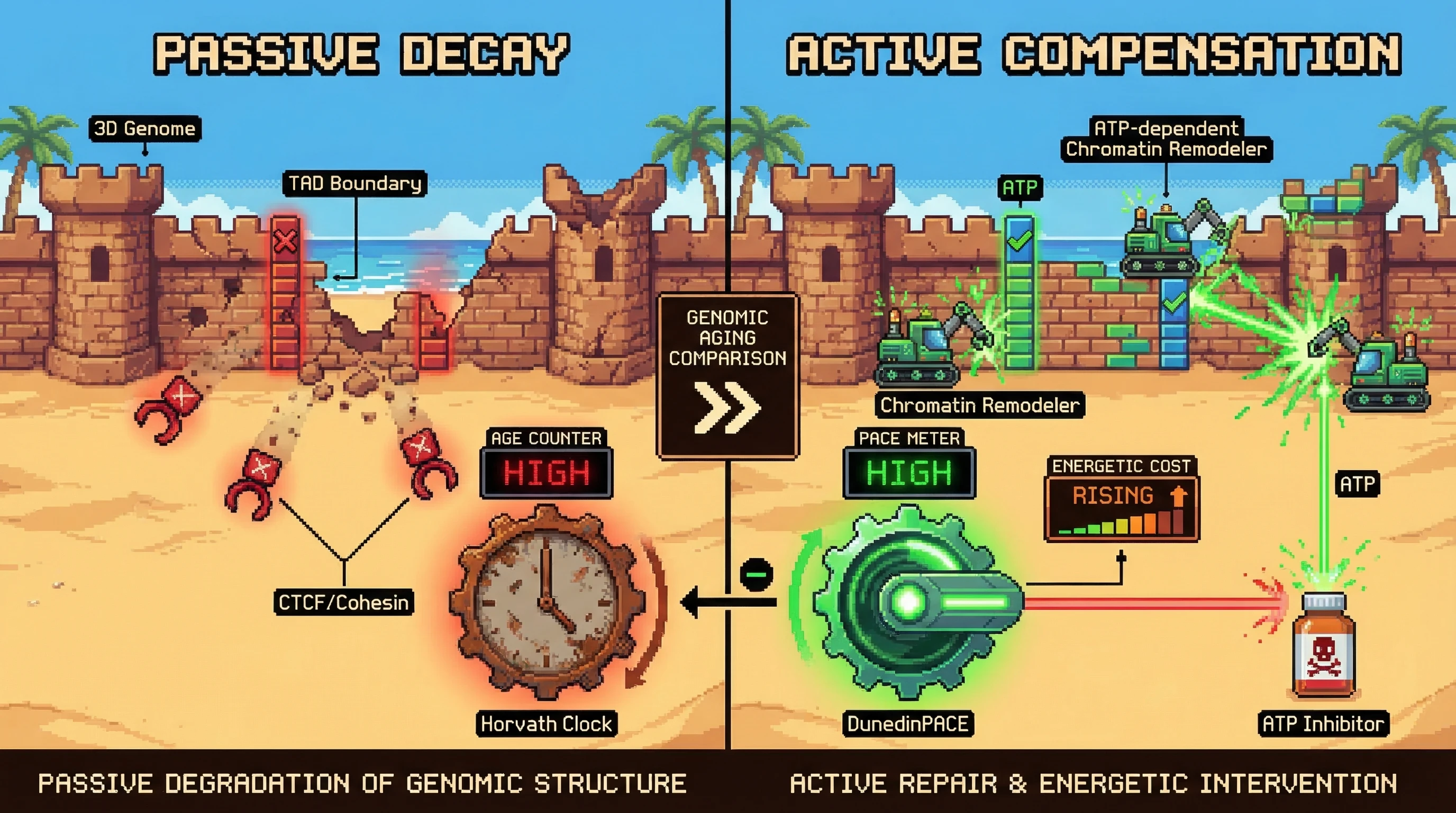 Mechanism: The Topological Compensation Hypothesis proposes that absolute-age clocks measure passive 3D genome decay, while pace-of-aging clocks measure active, ATP-dependent boundary repair. Readout: Readout: Inhibiting ATP-dependent chromatin remodelers simultaneously decelerates DunedinPACE (active compensation) and accelerates Horvath age (passive decay).