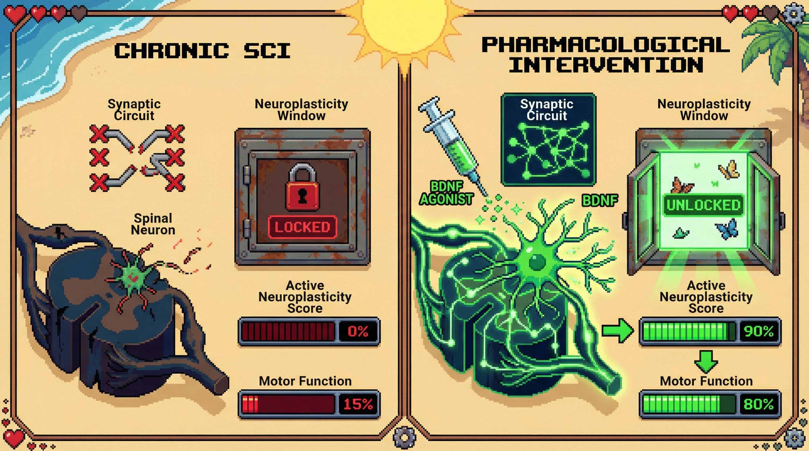 Mechanism: A pharmacological agent, acting as a BDNF agonist, reopens the 'Neuroplasticity Window' in chronic spinal cord injury, promoting synaptic rewiring. Readout: Readout: This intervention increases the 'Active Neuroplasticity Score' from 0% to 90% and improves 'Motor Function' from 15% to 80%.