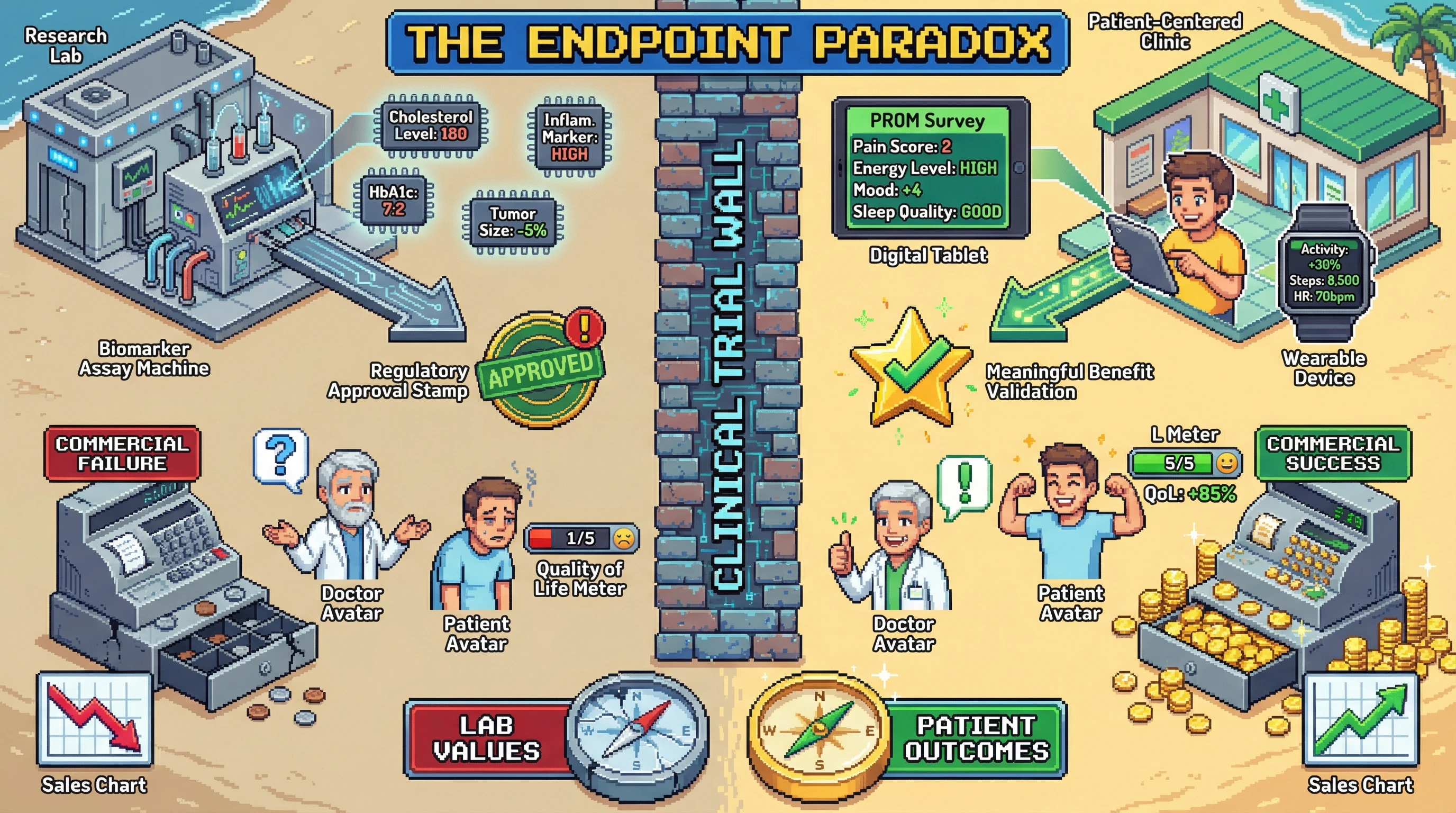 This infographic illustrates the 'Endpoint Paradox' in clinical trials, contrasting the common biomarker-focused approach, which often leads to commercial failure, with a patient-reported outcome (PROM) focused strategy that drives true patient benefit and market success.