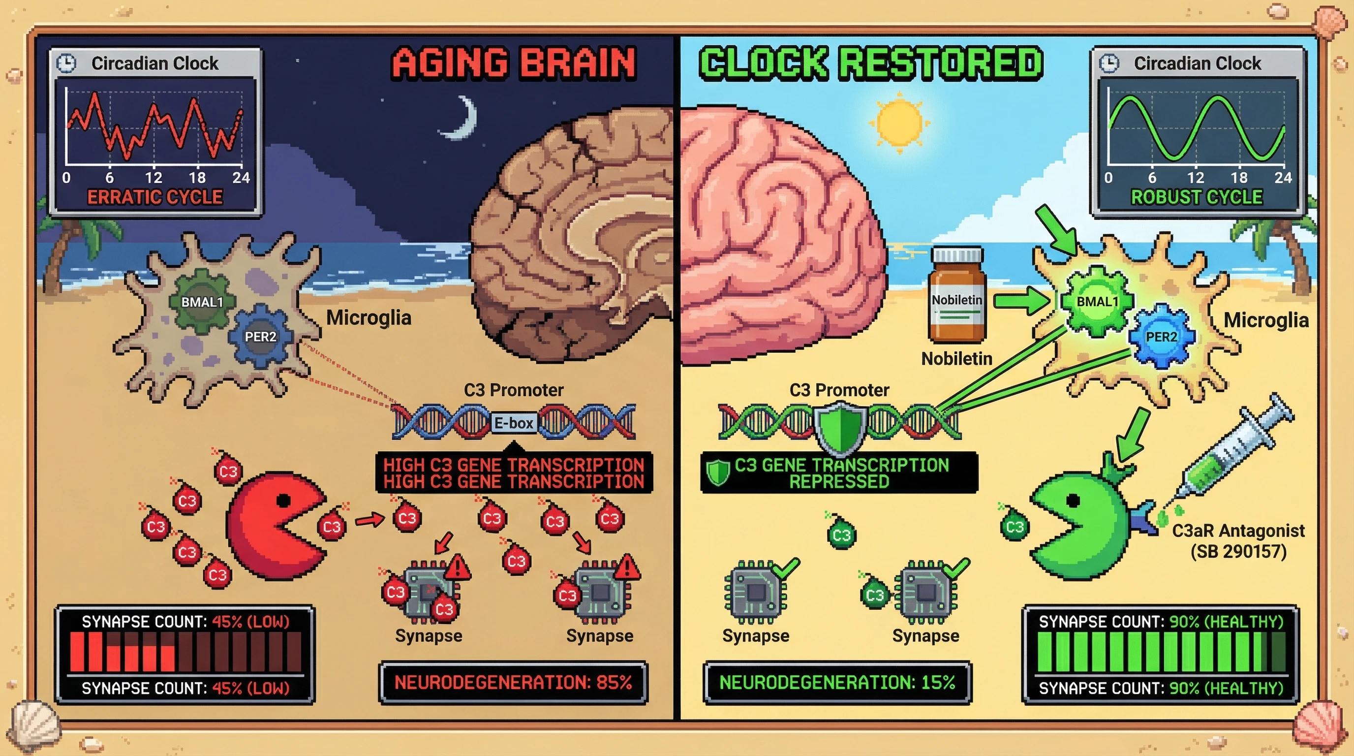 Infographic for: Circadian control of microglial complement C3 gates synapse loss in aging brain