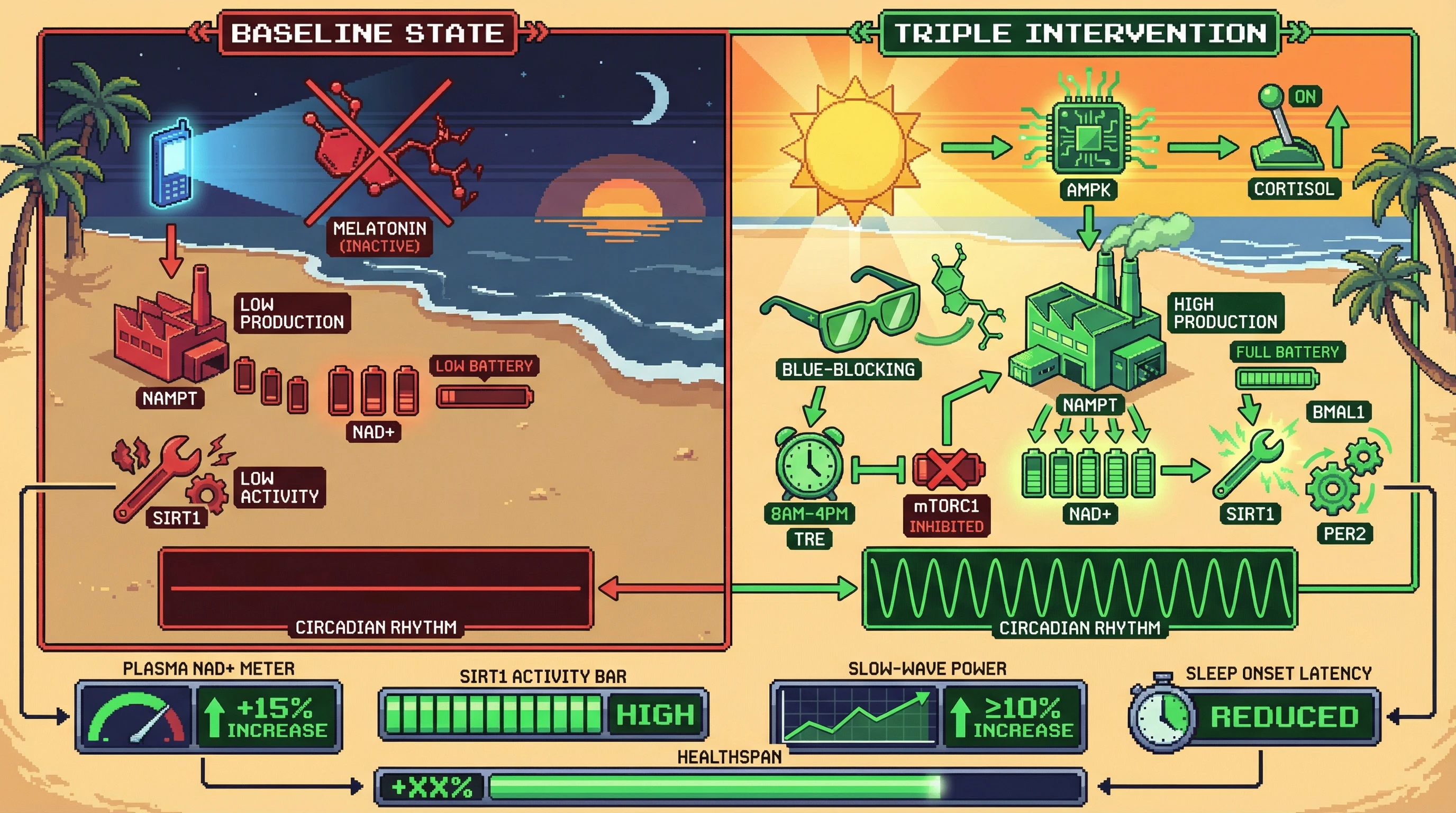 Infographic for: Morning brightlight, evening blue-blockade, and early time-restricted eating synergistically boost hepatic NAD+/SIRT1 signaling to strengthen circadian rhythms and extend healthspan