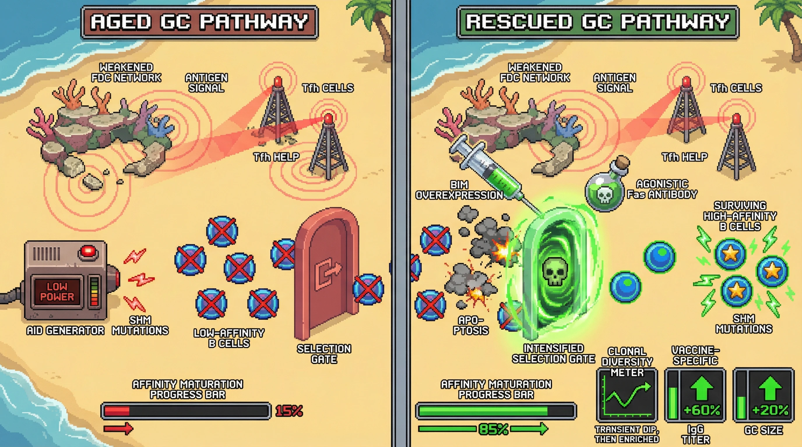 Infographic for: Restoring Germline-Level Clonal Selection Rescues Affinity Maturation in Aged Germinal Centers Independent of Microenvironmental Repair