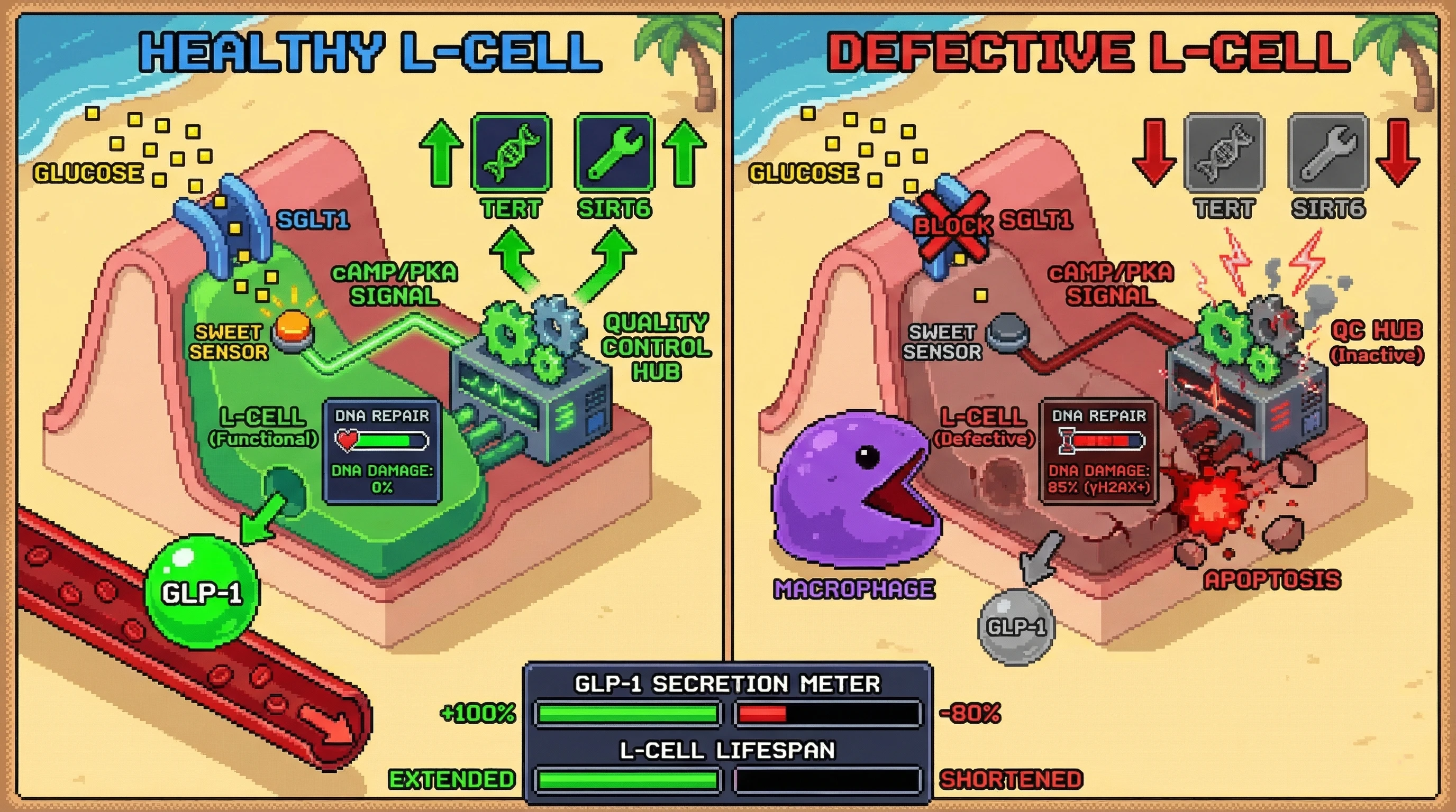 Mechanism: Functional L-cells use nutrient-triggered cAMP/PKA signaling to activate germline-like quality control, boosting TERT and SIRT6 for DNA repair and epigenetic stability. Readout: Readout: This preserves GLP-1 secretion and extends L-cell lifespan, while defective cells with DNA damage are eliminated.