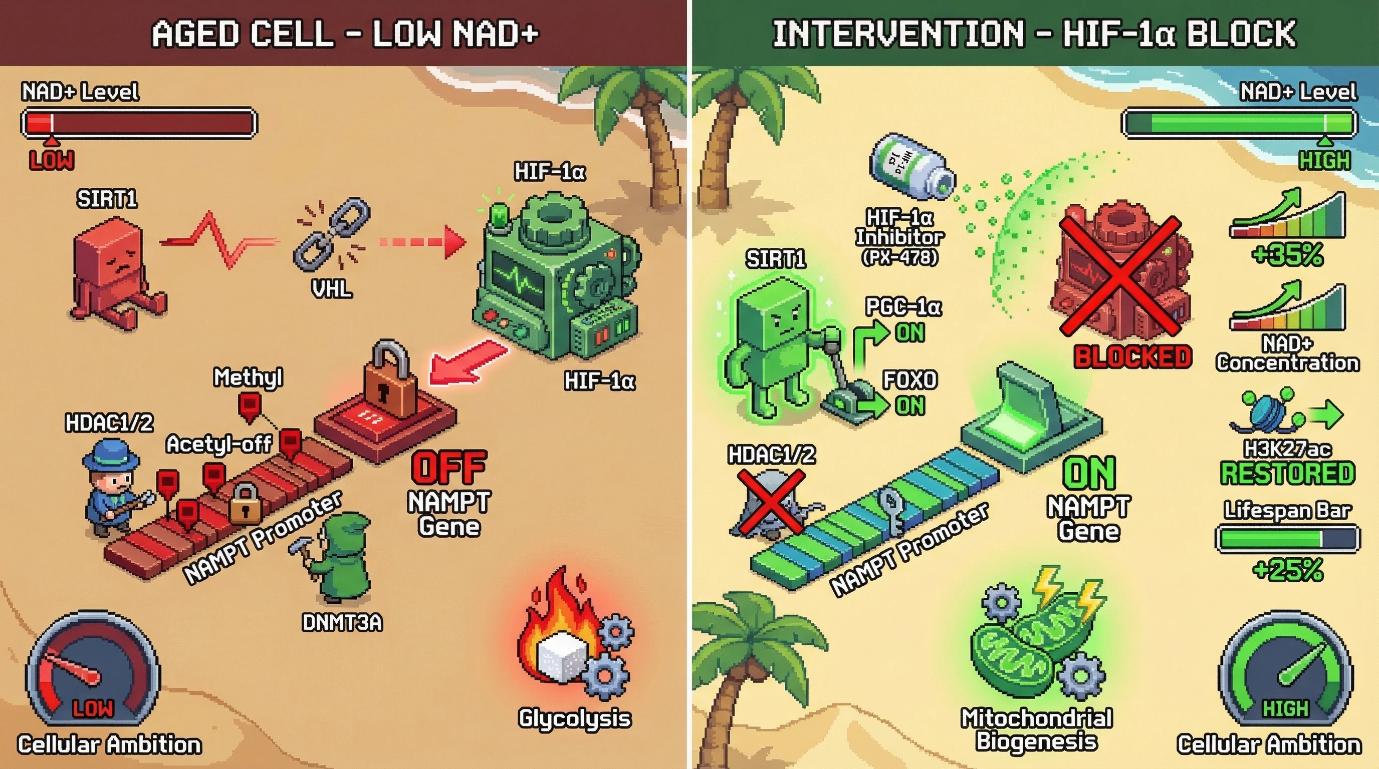 Infographic for: HIF‑1α–Mediated Epigenetic Silencing of NAMPT Creates a Self‑Limiting NAD+ Low‑State in Aging